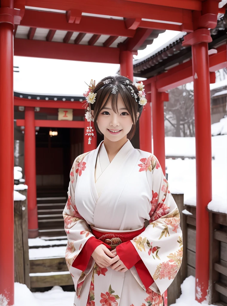 shrine、sunny winter weather、the leaves wither and fall、It's snowing all around、snow covered plants、kimono、Plain white kimono with open chest、The skirt part is red、Miko、Standing in front of the torii gate with the shrine behind、 Sakimi-chan,, nice and cute, innocent smile, , nice smile, Sakimi-chan Hdri、 big breasts、,(はちきれそうなbig breasts:1.20),(beautiful big breasts 1:1)、brown hair、brown hairの髪、Floral ornament on the head、beautiful eyes、 With short bob