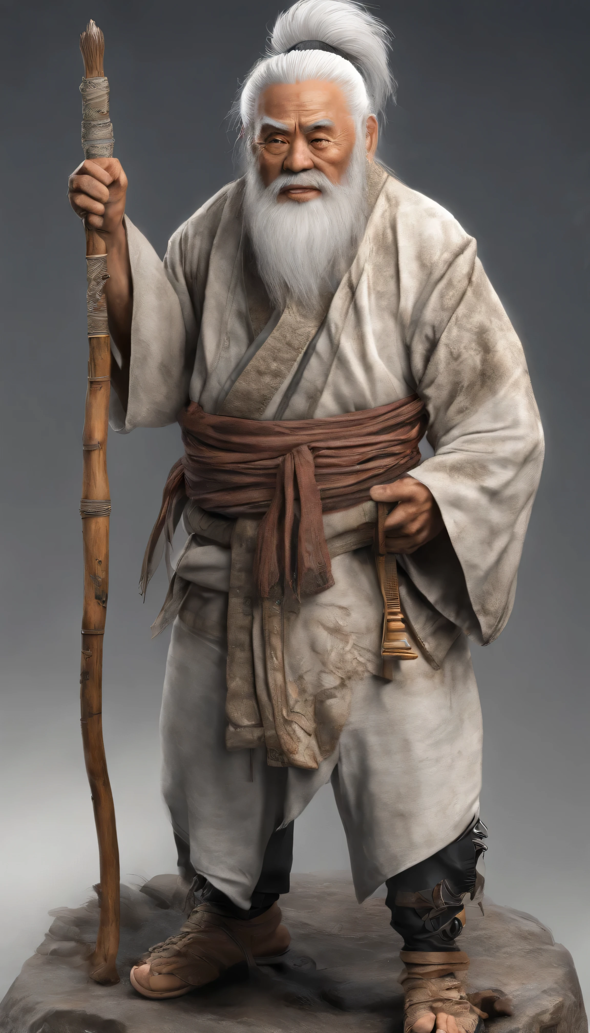 Oriental old man;ink portrait,front portrait,Audience visual inspection,Immortal Wind Road Bone,White haired man,hair-bun,opens his eyes wide,Friendly smile。Gorgeous costumes,Taoist costumes。solid color backdrop,paper background。hyper HD, retinas, tmasterpiece, Acura, Anatomically correct, Award-Awarded, high high quality, high detal, super detailing, ctextured skin, Best quality at best, A high resolution, 1080p, k hd, 4K, 8K, 16k。