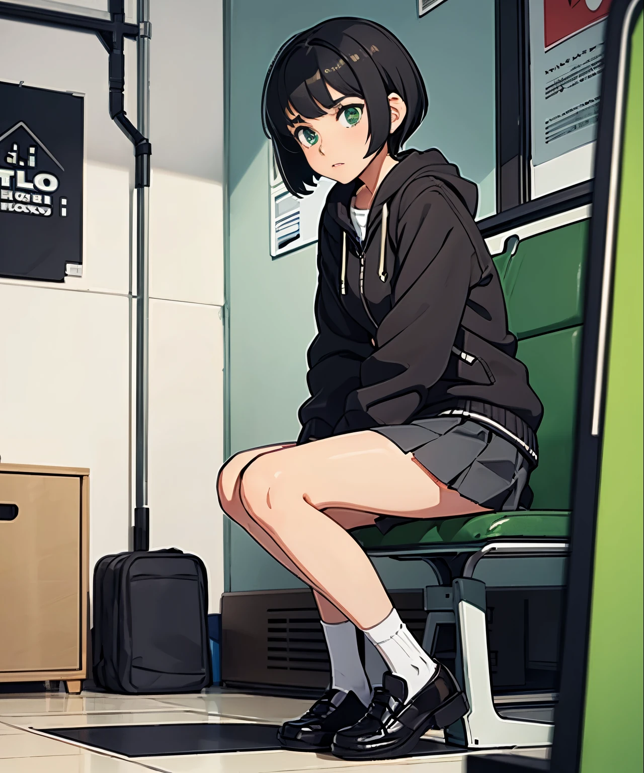 1girl, high school student, winter high , bare legs, black socks, brown shoes, jet black hair, short hair, green eyes, -18, solo, solo focus,