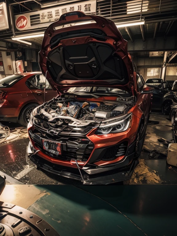 There is a red car with the hood open in a parking lot., 8 mil highly detailed ❤🔥 🔥 💀 🤖 🚀, 8k highly detailed ❤️🔥 🔥 💀 🤖 🚀, haval f 7, perfil frontal!!!!, carbono alterado, Rojo cromo, Motor real 5, 🤬 🤮 💕 🎀, alto detalle!!! 8 mil!!!!, octa 8k