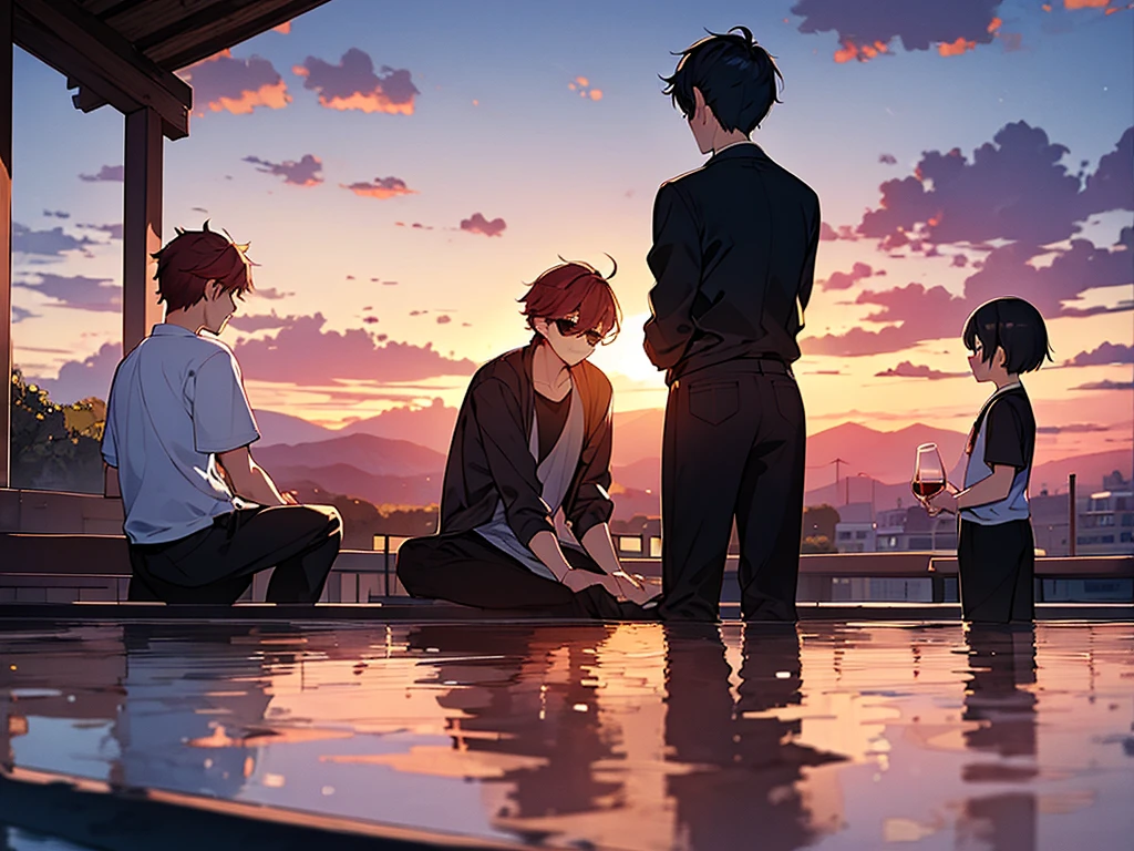 (masterpiece:1.3), (High resolution), (8K), (very detailed), 2boy, 2young people, backwards, Sunset in the backgroundの街中, backwards,turned my back, Sunset in the background, The background is the roof of the school, ベンチでsit, Bad friend and a young man with asymmetrical wine-red hair wearing sunglasses, sit and Black-haired young man sit