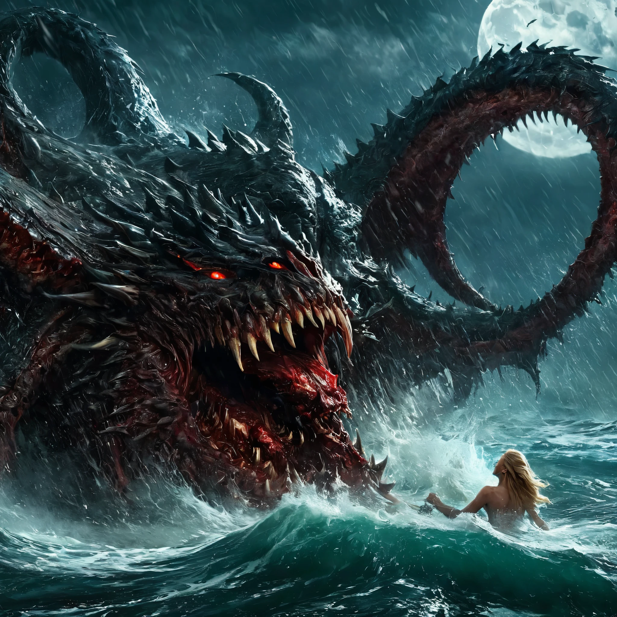 (Best Picture Quality,4K,8K,Hi-Res,Masterpiece:1.2),Ultra-Detailed,(Realistic,Photorealistic,Photorealistic:1. 37),Gore,Eerie,Horror,Stormy Sea,Moon View,Sacrificed Princess Andromeda,The most beautiful princess in the world with blond hair and blue eyes,Giant monster appears from the sea,Kraken's mouth Naked princess being dragged and torn apart, bloody bites, bloodied, dismembered bodies, shredded clothes, shattered crowns, deadly teeth, vicious mouths, hideous giant fangs, bloody saliva, torn flesh, dripping blood, bright red ocean water, brutal, dark atmosphere, nightmarish scenes, nightmarish nightmarish scene, nightmarish creature, horror movie scene, gruesome details, horror fantasy, horror art, horrific fantasy, nightmare fuel, horror movie poster, horror illustrator, monster lair, exquisite gore details, ominous lighting, demonic presence, vivid gore colors , anguish, torture, fate, (Amazingly powerful and realistic compositions by Greg Rutkowski:1.2)