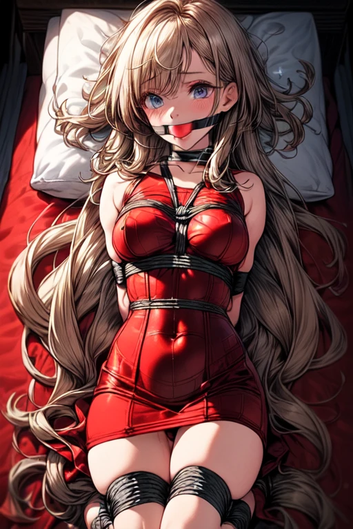 Shiny blond hair, very long hair, sophisticated haircut, ((((hair fully braided)))), ((small twisted braids)), thin and oval face, submissive, (((detailed ball-gagged:1.3))), ((((gagged)))), (((((very translucent red dress:1.7))))), ((((we can see her skin through her translucent dress:1.4)))), cute and blushing 18 years old anime girl, look away because she is embarrassed and blushes, bright blue eyes, detailed face, detailed members, detailed arms, detailed hands, ((((sparkling diamond jewelry)))), tiara, ((makeup)), high heels, puffy sleeves, long gloves, long eyelashes, Girl lying, tied by ropes, shackled, can no longer move, tied tightly, very hard tied up with lots of ropes, hampered by so many ropes that she can no longer move, bound hands and feet, ropes tie his whole body, tied extremely tightly and forcefully to her bed by a lot of ropes, its limbs are strongly tied together by ropes, his torso is tied up with thick cords, her chest is so tied up with ropes that it sticks out, her legs are tied tightly with thick ropes, his hands are tied behind his back with ropes, she can no longer move her feet, her hands which are tied by thick ropes, she desperately tries to free herself, likes to be tied tight with big ropes, likes to be immobilized by big ropes, lying down, his hands and feet are strongly tied to the railing of his bed, his legs are pressed together and tied with ropes, its limbs are held vigorously by imposing ropes, her hands are tied securely behind her back by ropes, her chest is compressed by strong ropes, she is pressed against her bed and restrained by large ropes (shibari, arms behind the back:1.4), (hands on the back), (masterpiece, best quality) 1.5, 1girl, solo, (sexy, beautiful woman, perfect face, perfect eyes, perfect hands), samus aran, (shibari, arms behind the back:1.4), (hands on the back), Spread the legs, s' ((lie in bed by big ropes)), ((close up of the girl)), ((((lie in bed))))