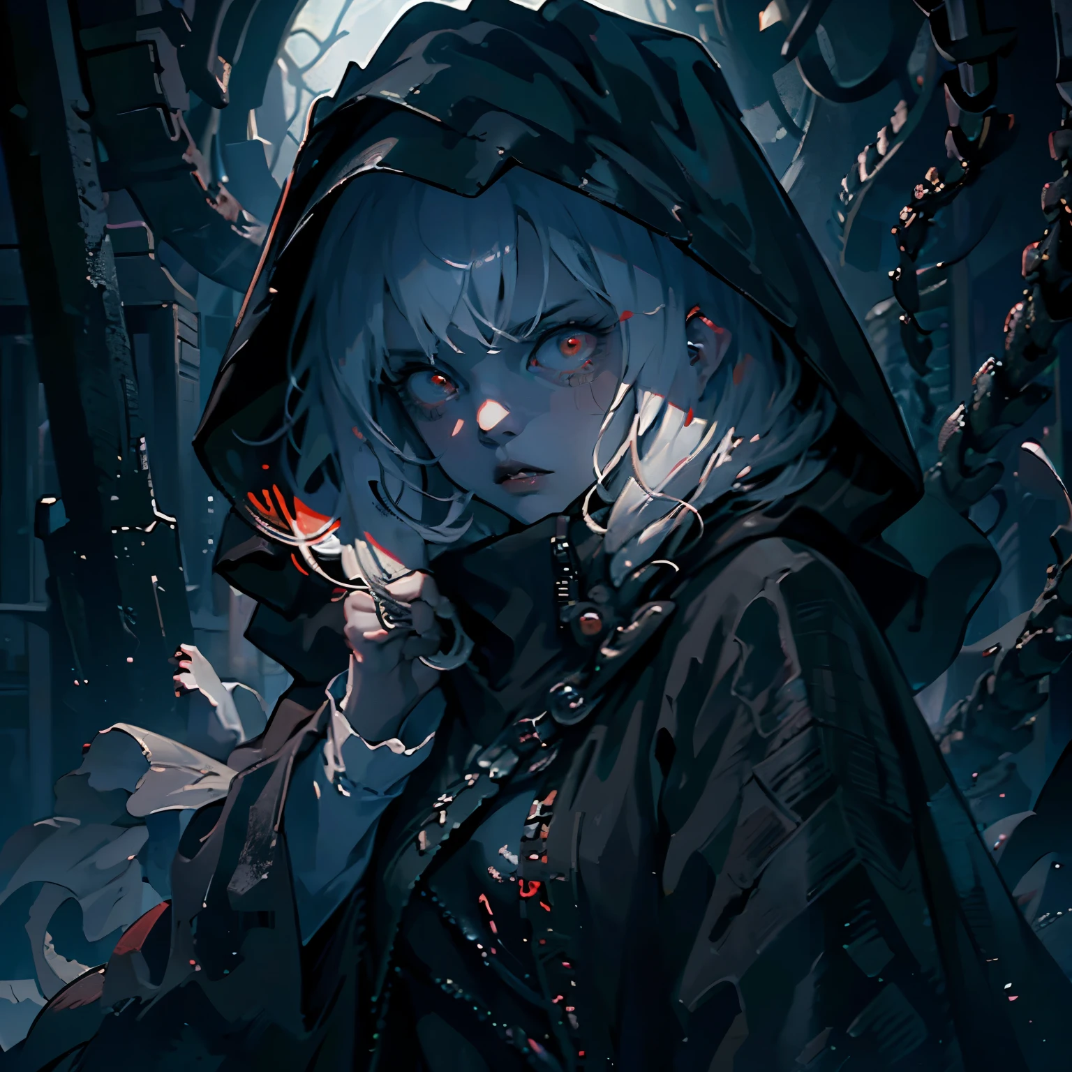 Young Female, Pale Skin, Red Eyes, Short White Hair, Menacing Expression, Beautiful, Dark Lighting, Intimidating, Horror Theme, Standing, Darkness surrounding, Tentacles forming from behind her back, Wearing a black cloak with the hood up, tentacles moving from underneath the cloak, Cinematic, HDR, Vibrant Colors, RTX, HD, Very Detailed, Masterpiece