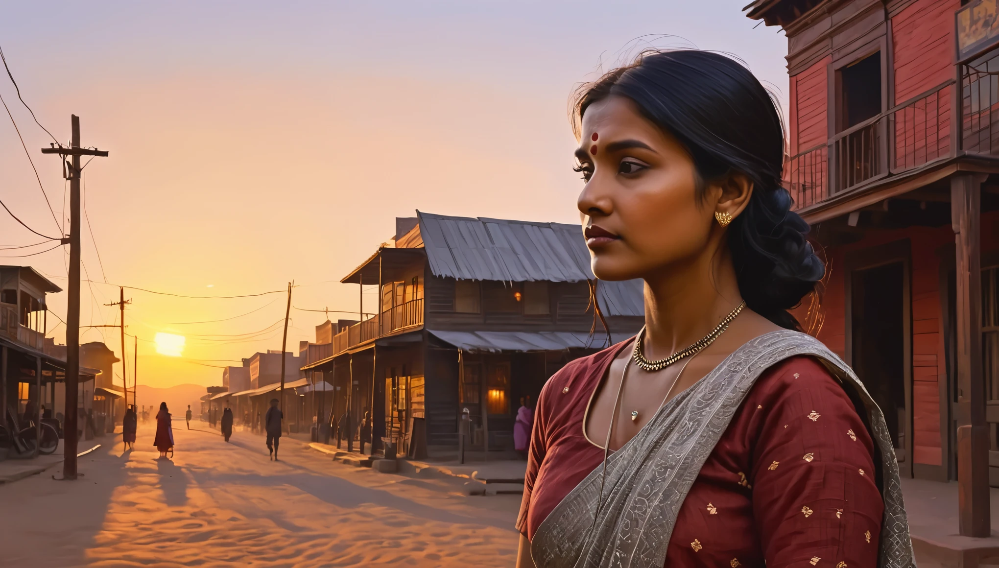 Create a prompt for AI-generated images depicting an Indian woman in an oil painting style against a sunset backdrop in a Old West town. Highlight features such as 4K, 8K resolution, hyperrealism, detailed imagery, HDR, professional painting, and evoke renowned artists like Jeremy Lipking, Richard Schmid, and Zhaoming Wu.