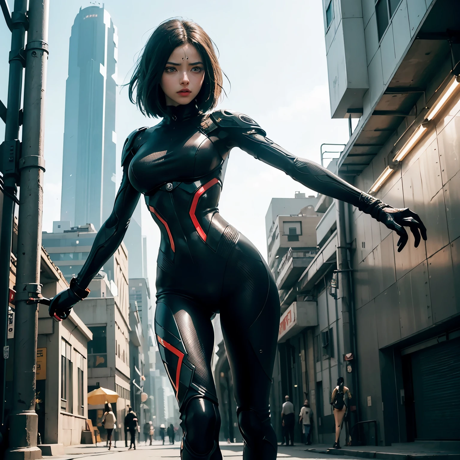 In a sci-fi style anime, the top-quality adaptation of Battle Angle Alita brings her to life in the day with realistic LED lights. With her athletic figure and eyes that are incredibly detailed, Alita captivates viewers with her charming and determined expression. Her cool composure only adds to her iconic character, making her a beloved figure in the futuristic and technological world she resides in. As she walks through the bustling streets of the grand city, the details on her shoes catch the eye with their vibrant colors and high contrast. The art style, inspired by the works of Chris Cold and Jason Edmiston, perfectly captures the essence of Alita's journey.