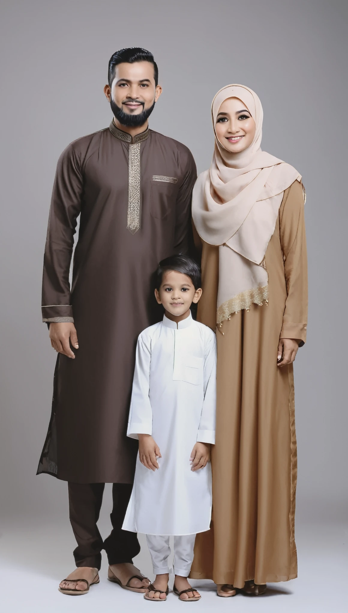 A studio image shows a young family with three children, a mother, and five fathers all dressed in identical Muslim clothing with a black background. The father, 34, has well-groomed hair, and the mother, 33, matches her clothing with her headscarf. The first child, an 8-year-old girl, is dressed in a headscarf; the second child, a boy, is dressed in neat hair; and the third child, a girl, is dressed in a headscarf.