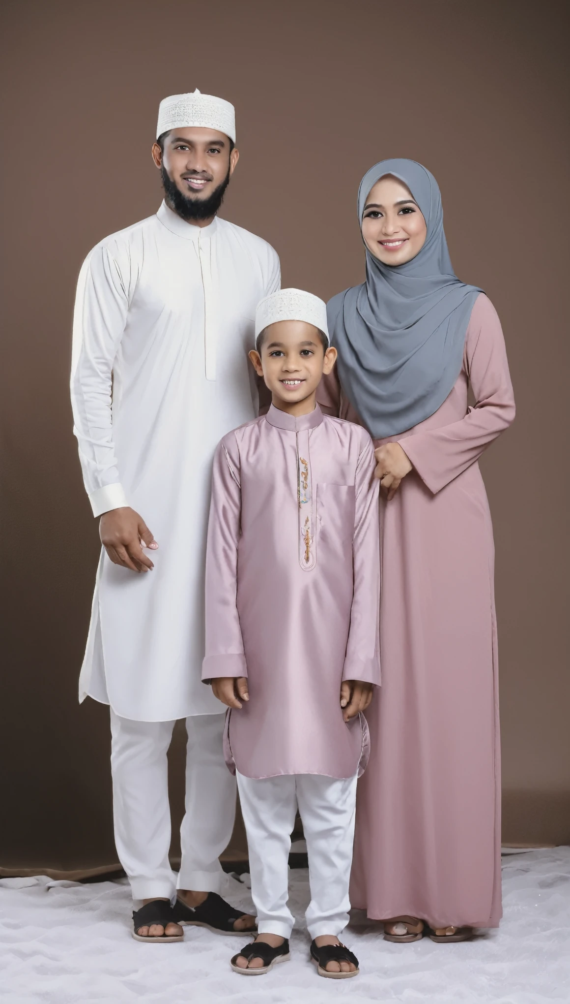 studio photo of a young Indonesian family of 4 people, father, mother, daughter and son. full body, wearing Muslim clothes with the same motif. 32 year old father with neat thin hair and a clean face, 30 year old mother wearing a hijab that matches her clothes, 7 year old daughter with shoulder length hair, 3  old son with neat thin hair. Islamic backdrop for Eid al-Fitr.