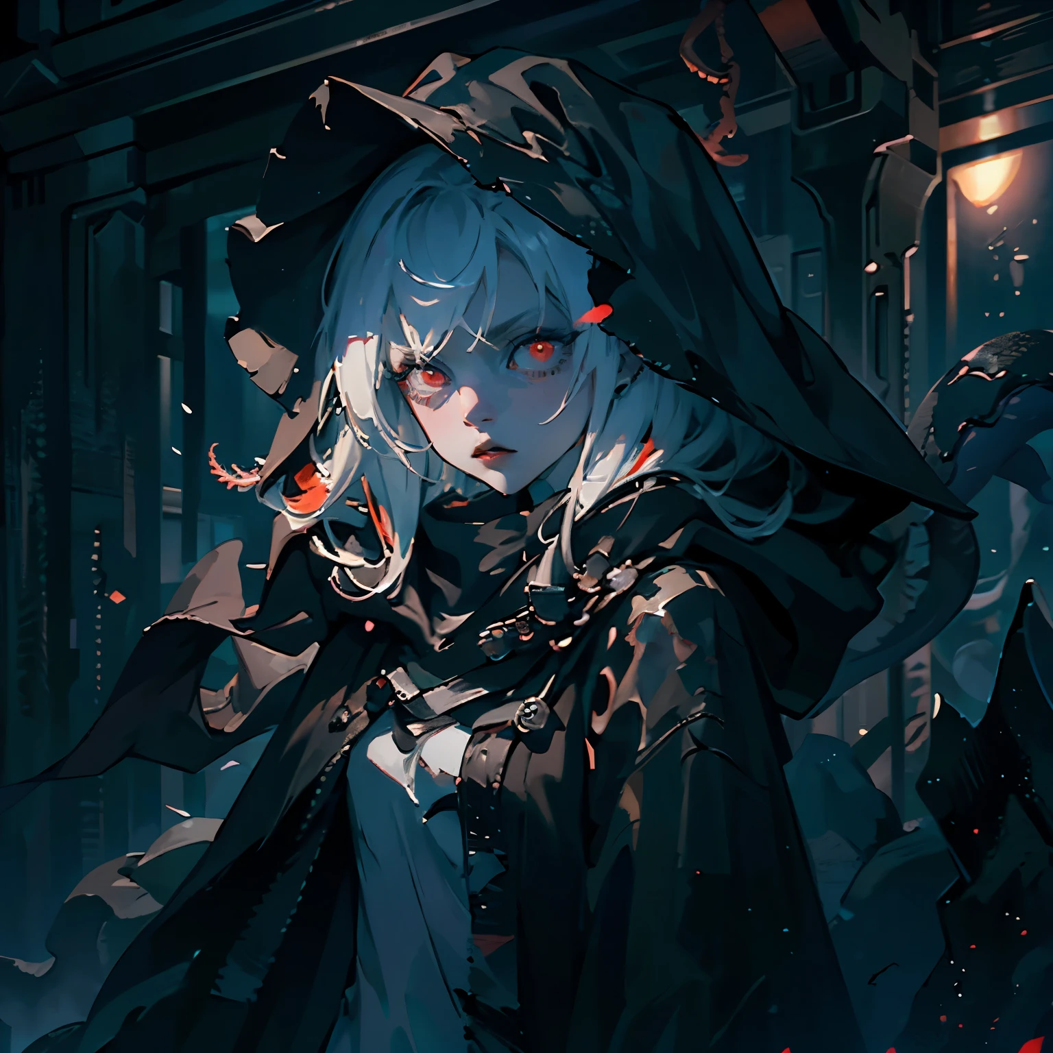 Young Female, Pale Skin, Red Eyes, Short White Hair, Menacing Expression, Beautiful, Dark Lighting, Intimidating, Horror Theme, Standing, Darkness surrounding, Tentacles forming from behind her back, Wearing a black cloak with the hood up, tentacles moving from underneath the cloak, Cinematic, HDR, Vibrant Colors, RTX, HD, Very Detailed, Masterpiece