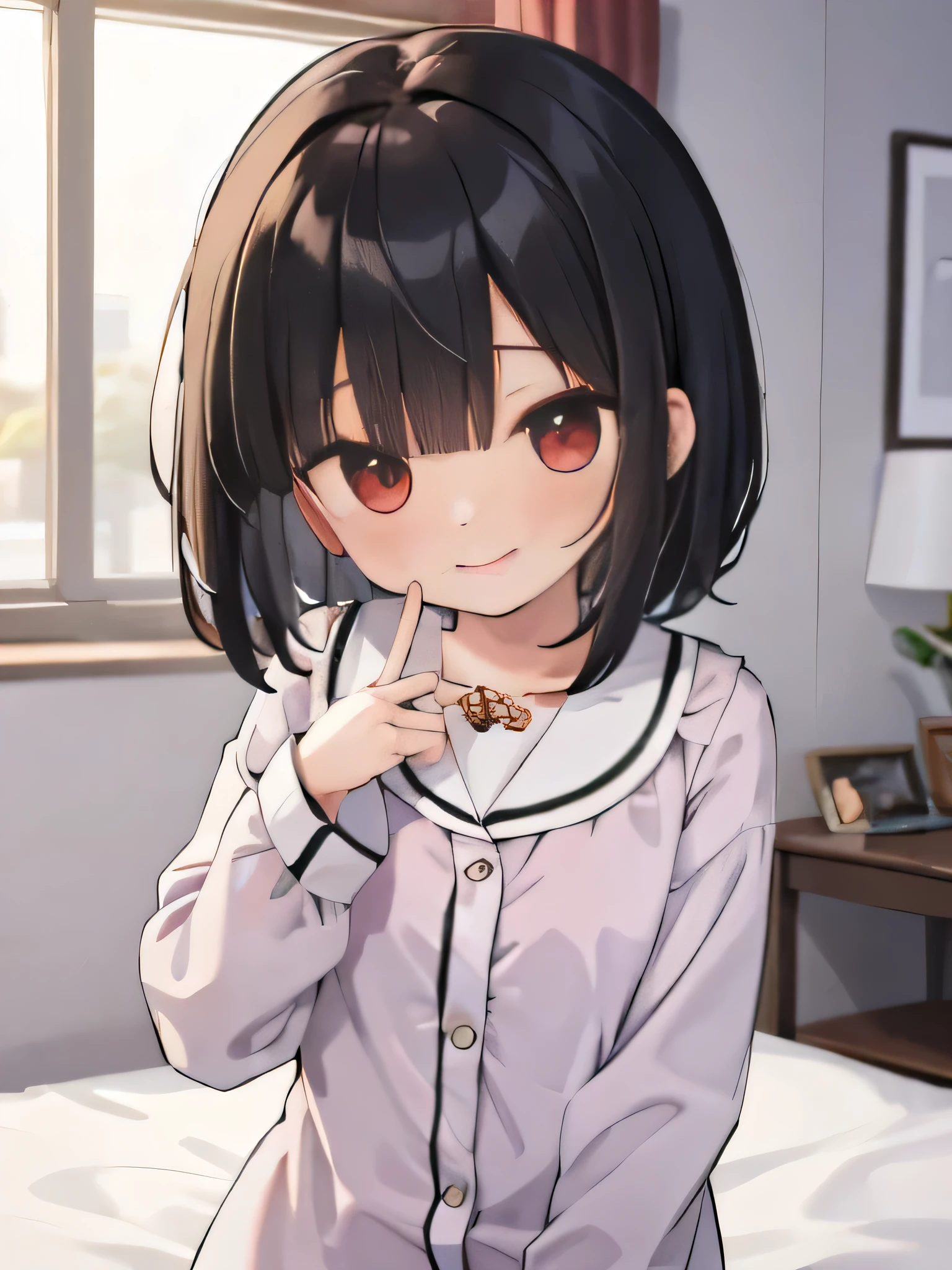 masterpiece, highest quality, girl, alone, pajamas,on the bed,red eyes,smile, blush,black hair bob,sexy face,Cheeky smirk,mischief,spring,flower,Does not show fingertips,hide your hands,holiday