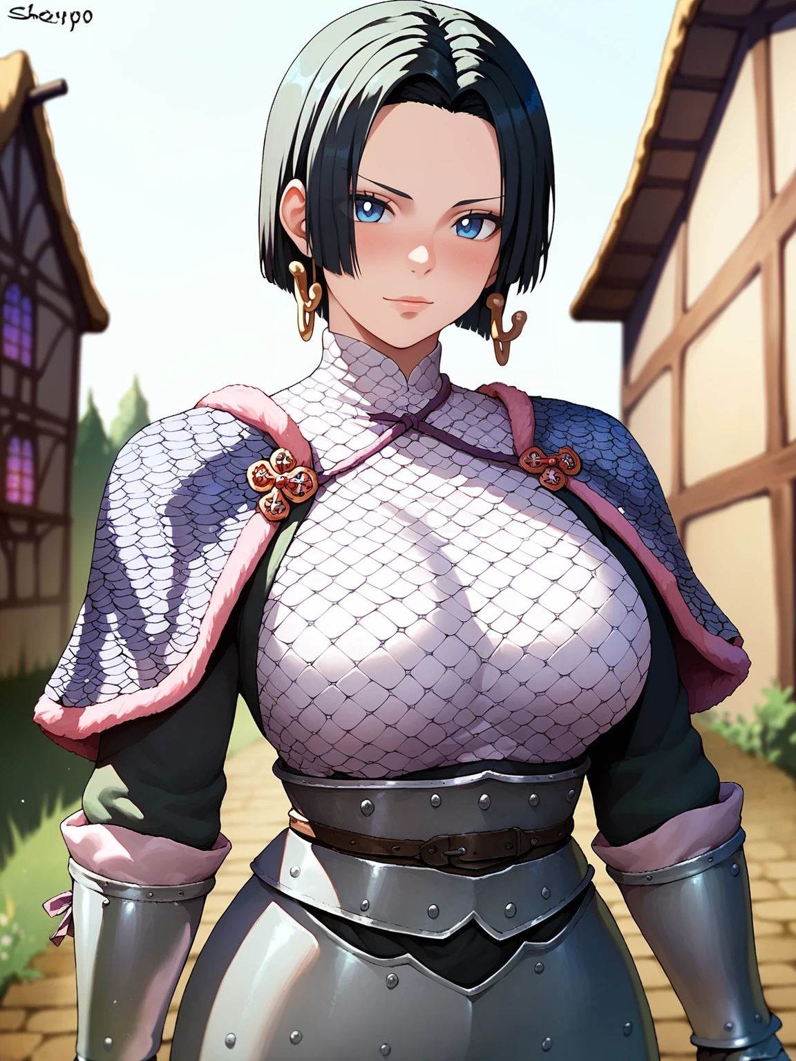 score_9,score_8_up,score_7_up,rating: general,1girl,solo, short hair,breasts,looking at viewer,blush,large breast, black hair, closed mouth,shexyo, shexyo style, boa hancock, medieval, fantasy armor, armor, ((medieval)), medieval town