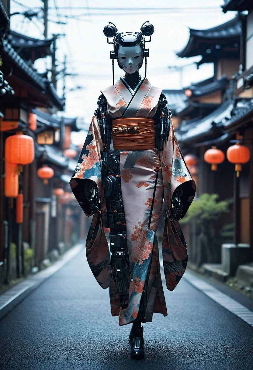 Creating an image of a female android in a beautiful kimono walking through the streets of Kyoto. The style is terrible, and the fusion of humans and robots has a mysterious and creepy atmosphere amidst the beauty. In the background is an old Japanese cityscape. It has a long neck made of machines and wears a mask. Imagine a strange and eerie picture - Ar 9:16.
creepy atmosphere, fusion, horror, Japanese cityscape, long neck, robots, v 6