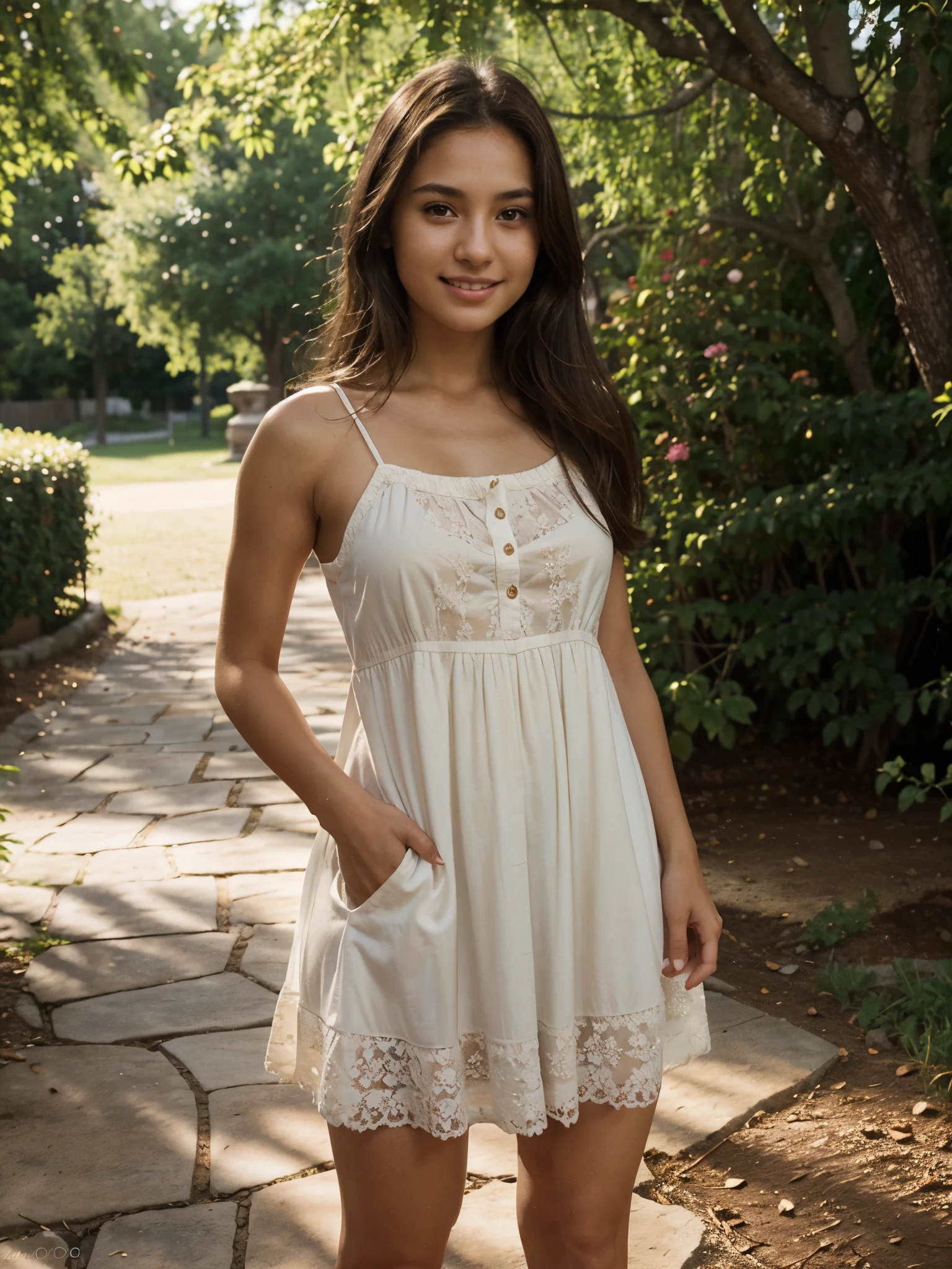 photograph of a girl , brown eyes, , 20 years old, standing in garden, wearing sleveless sundress , in a park, small bust, , looking in camera, laughing ,straight brunette hair, hot girl, symmetrical face, photorealistic, photograph, , full body picture, gorgeous, western, (masterpiece), best quality, high resolution, extremely detailed, skin with pores, depth of field, cinematic lighting