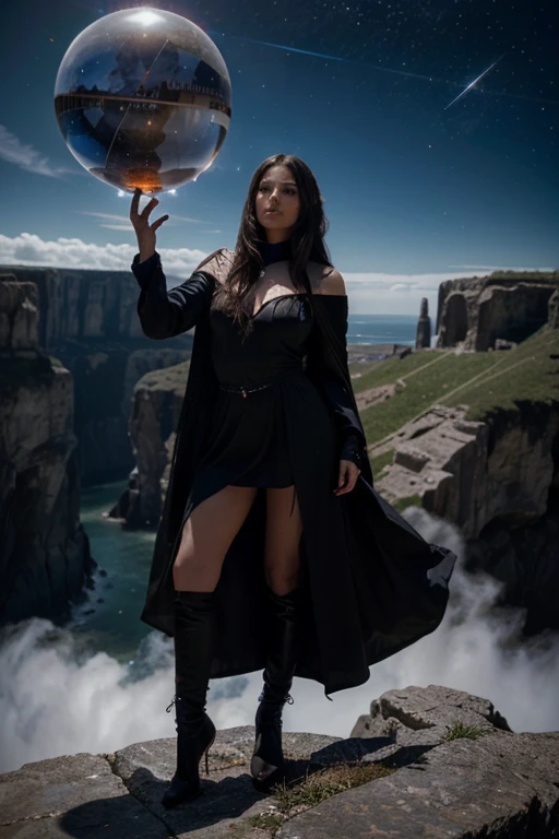 An alluring sorceress stands at the edge of a cliff, her cloak billowing in the wind, while holding a crystal ball aloft and her penetrating gaze piercing through the veil of time and space.
