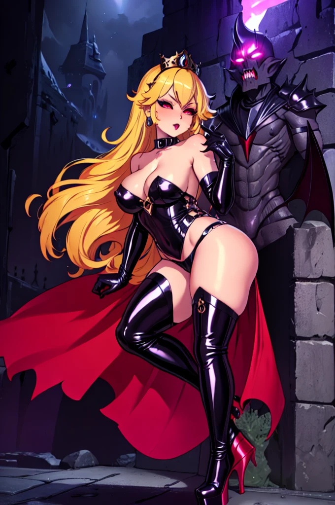 nsfw, cartoon, (solo evil fall princess peach), shadow queen, bowser peach, (official art:1.4), amazing fine details, all intricate, gloss and shiny, awesome many layers, 8k wall paper, sketch, illustration, weird hair, boots, high heel boots, high heels, (solo, solo focus, ) +++,thigh boots, thighhigh boots, blonde hair,evil red eyes, fingerless gloves, gloves, tight clothing, evil grin, spiked bracelet, spiked armlet, spiked thighlet, spiked platform boots, spiked collar, belt, bangs, skintight, milf, full body, curvy, voluptous, chubby, big breast, (((((evil, dark persona, corruption, evil fall, bad end, )))), contrapposto, bimbo, wet pussy, areolae, piercing, blond hair, spiked armlet, earrings, dynamique pose, gyaru, bowser tattoo, slavegirl, chains, fishnet shirt, spiked ring, (intricate details:1.12), (intricate details, hyperdetailed:1.15), hdr, dungeon, (at night:1.2), fireplace, warm light, dramatic light, cinematic,creepy dungeon, dark aesthetic, goth aesthetic, creepy, ominous background, dark atmosphere, death atmosphere, green and red atmosphere, evil dungeon background, gothique