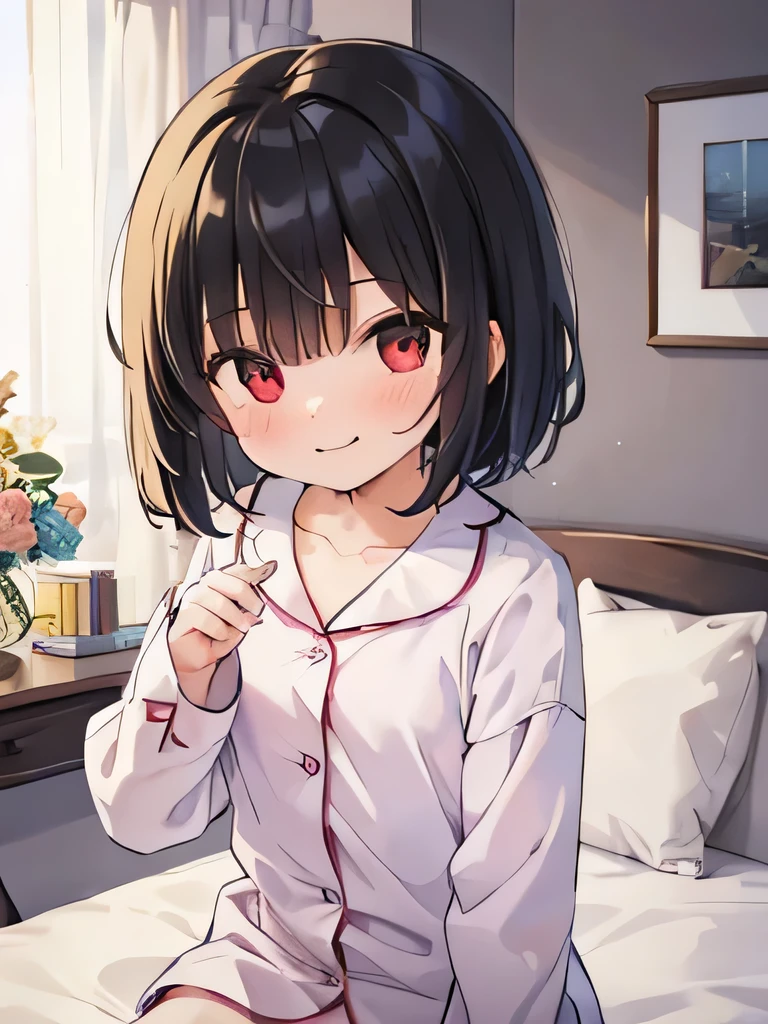 masterpiece, highest quality, girl, alone,  pajamas,on the bed,red eyes,smile, blush,black hair bob,sexy face,Cheeky smirk,mischief,spring,flower,Does not show fingertips,hide your hands,holiday