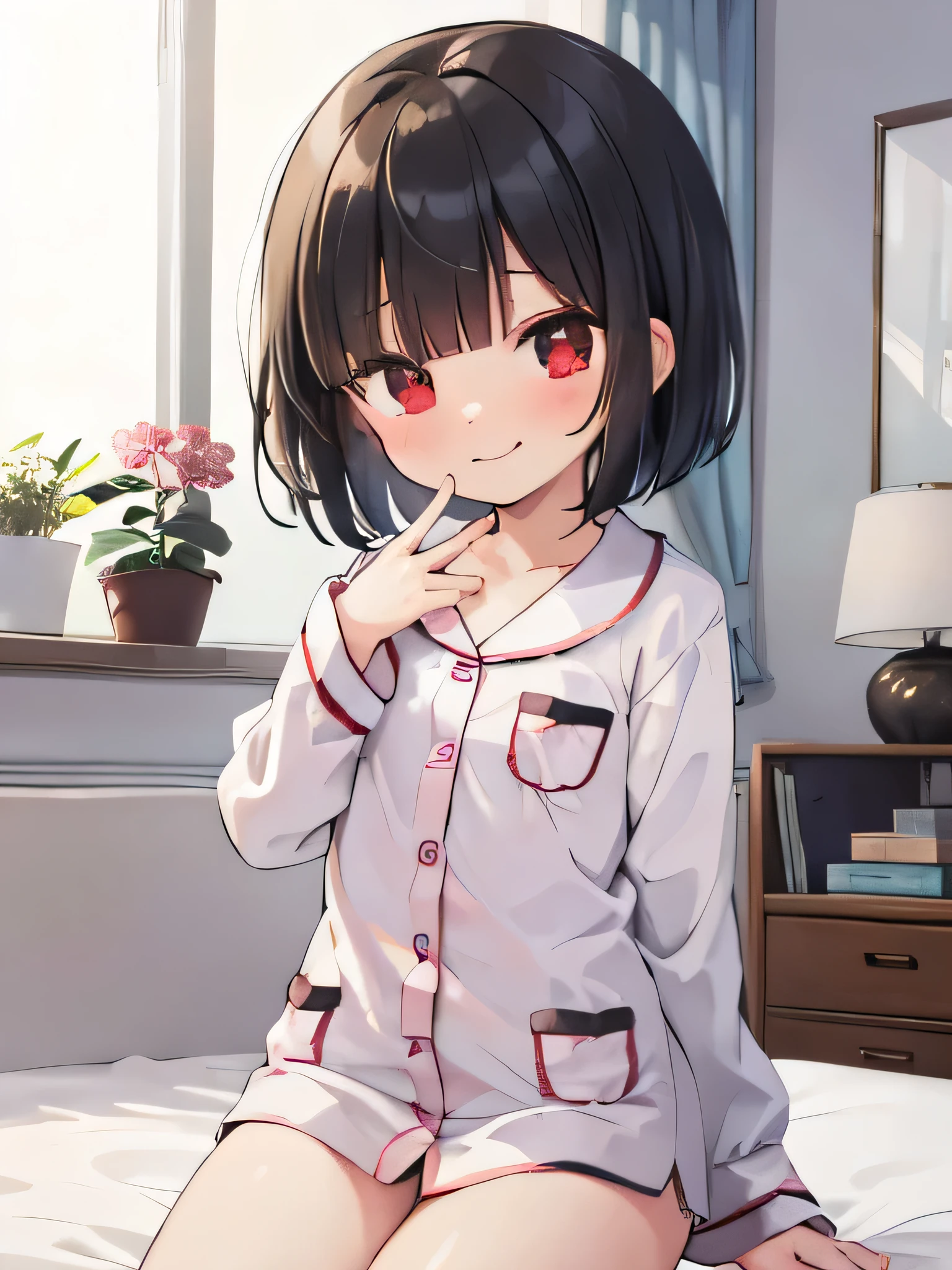 masterpiece, highest quality, girl, alone,  pajamas,on the bed,red eyes,smile, blush,black hair bob,sexy face,Cheeky smirk,mischief,spring,flower,Does not show fingertips,hide your hands,holiday