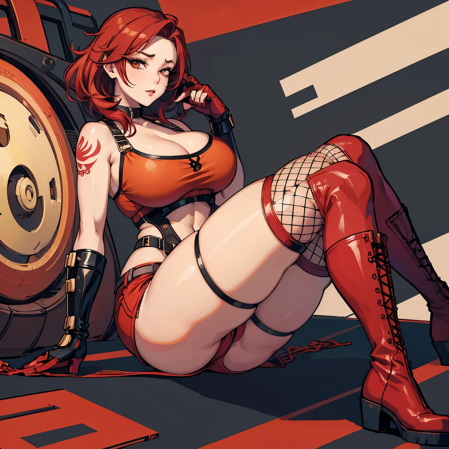 Lilith(borderlands), chubby, red hair, large chest, cleavage, siren tattoo, yellow tanktop, red short shorts, thicc waist, thicc thighs, red fishnet stockings, black boots, bar background 