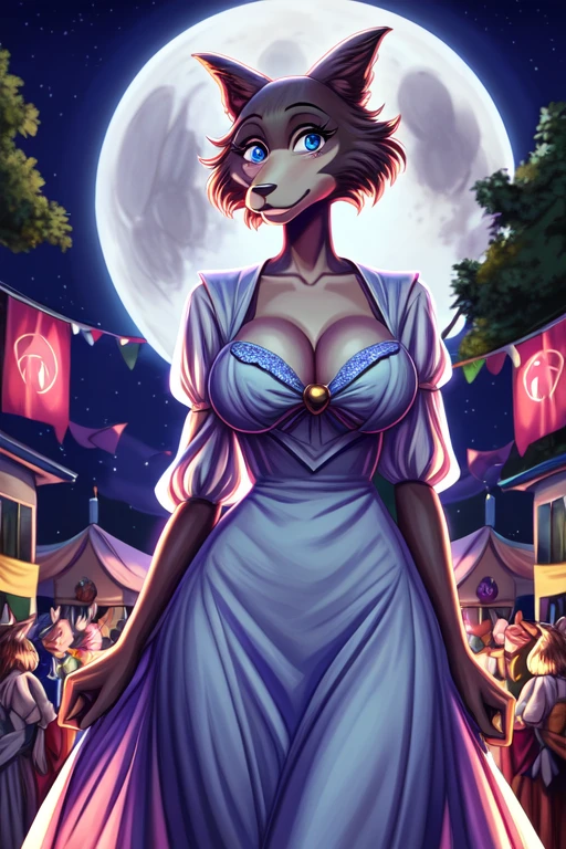 Beastars art style, beastars, Juno, brown wolf, she Wolf, 1girl, furry, long curly brown fur, slim figure, blue eyes, wide hips, Big breasts, Sailor Moon-style outfit, cleavage, night time, festival, moon, ((best quality)), ((masterpiece)), (detailed), 
