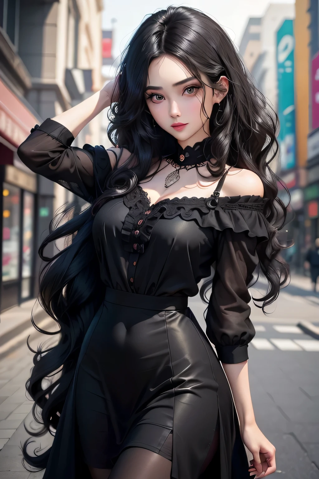 There is a woman, Position from the front, Please look forward without tilting your head, Looking forward, Has long black hair、Wearing a black dress, detailed long black hair, hair texture, Curly black hair, Long black curly hair, long curly black hair, long curly black hair, Long black curly hair, Dynamic wavy hair, black curly hair, Swirling black hair, Wavy black hair, Wavy black hair, Wavy black hair, detailed hairs, Curly black hair, Realistic hair, Complex long curly hair, With a cute face, Cute, Cute Girl、(((A detailed eye)))、(((beautidful eyes)))、green colored eyeakeup、red-lips、Red Eyeliner、long snout、long chin