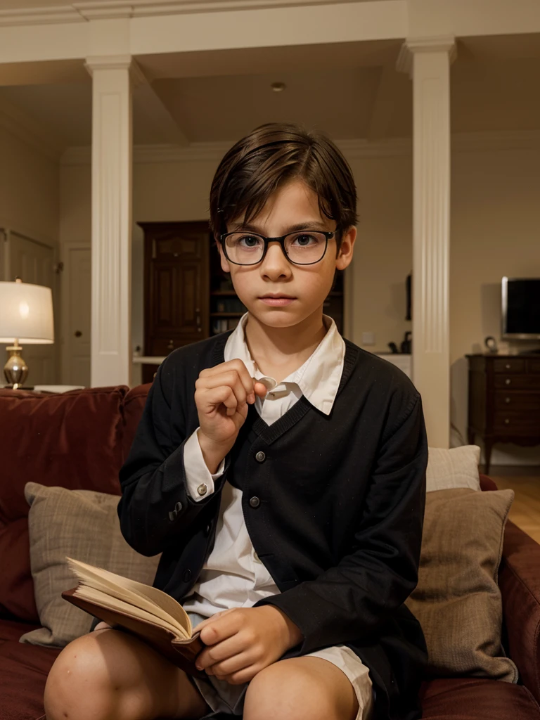 Nine-year-old boy in the living room of his house reading a book face serious serious concentrated dressed in very formal clothing European features fine features glasses