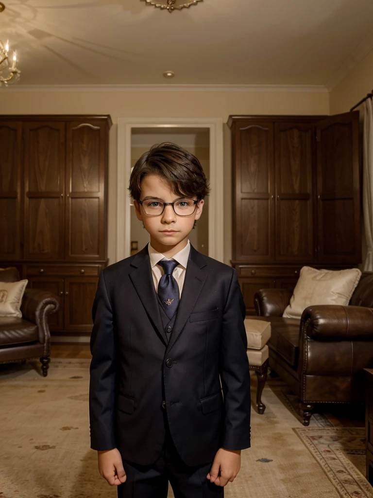 Nine--old in the living room of his house reading a book face serious serious concentrated dressed in very formal clothing European features fine features glasses