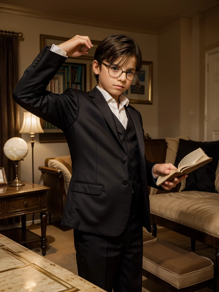 Nine-year-old boy in the living room of his house reading a book face serious serious concentrated dressed in very formal clothing European features fine features glasses