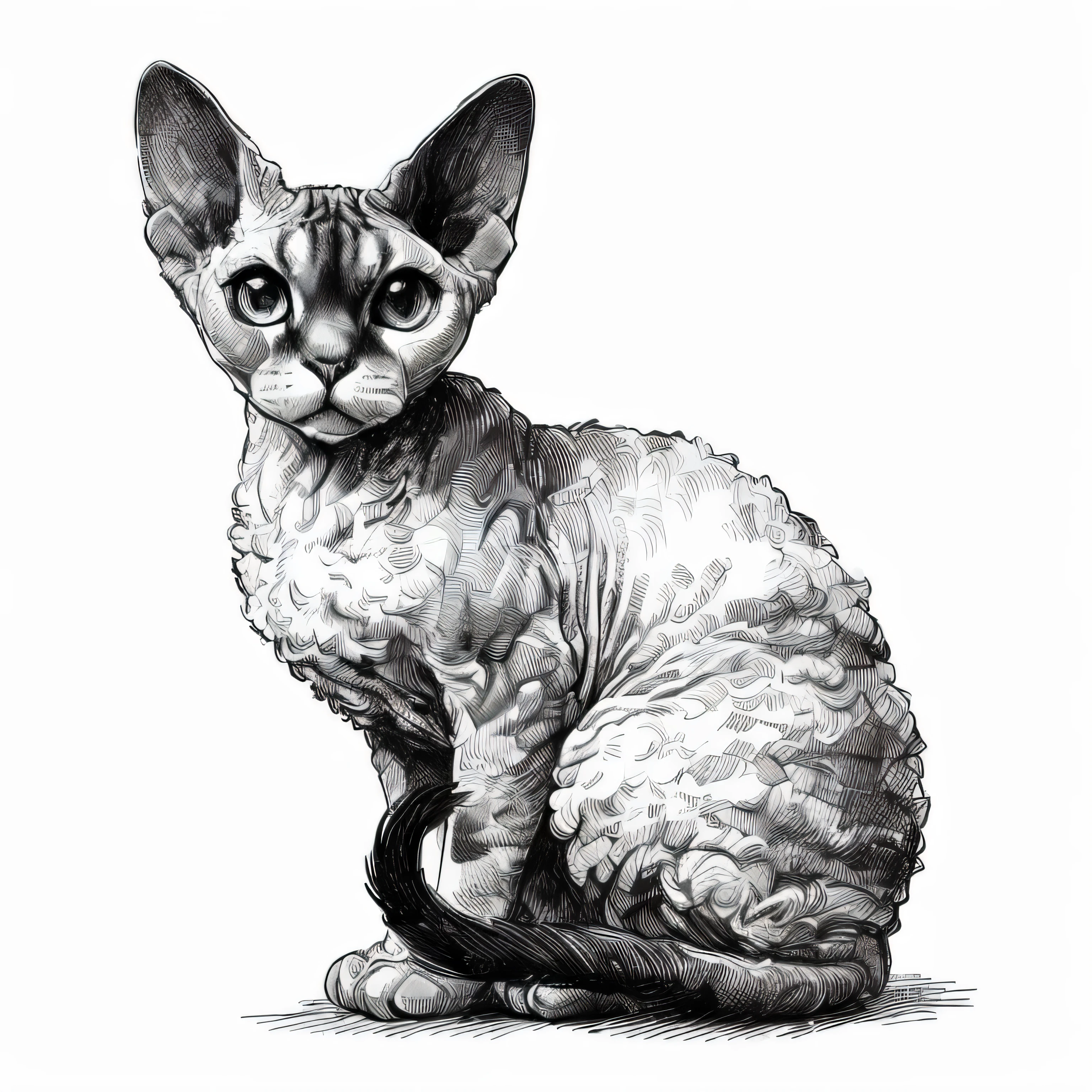 a drawing of a cat sitting on the ground with its eyes open, sphinx cat, highly detailed ink illustration, pen and ink illustration, pen - and - ink illustration, pen-and-ink illustration, perfect pen and ink line art, illustration in pen and ink, pen and ink style, detailed ink illustration, illustration of a cat, highly-detailed illustration