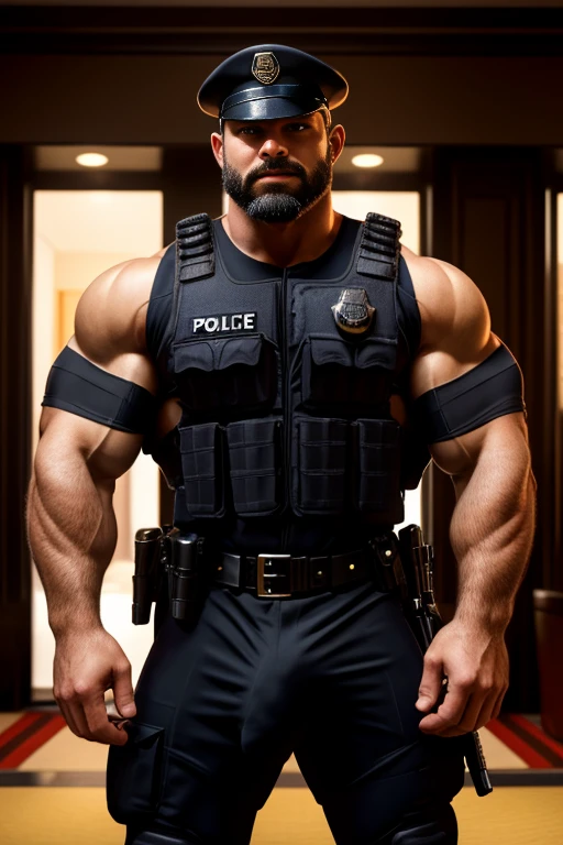 best quality, masterpiece, super high resolution, detailed background, realistic, illustration, single, 1 boy, muscle man, beard, SWAT, hotel, muscle, facial hair, volumetric lighting, depth of field, black clothes, ((black police uniform)), panting, raised crotch