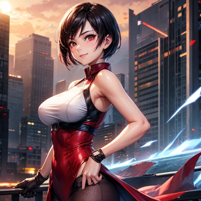 A girl,she is cute,she wearing ada wong outfit,hd,she pose,she smile,smooth lightning,sunrise