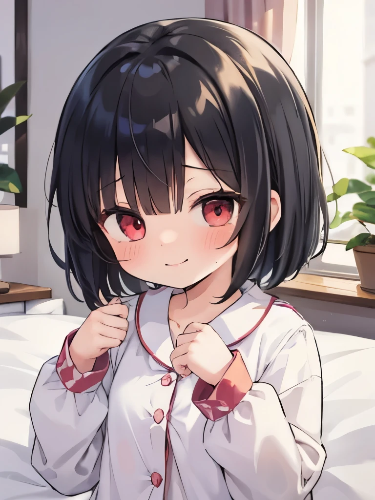 masterpiece, highest quality, girl, alone,  pajamas,on the bed,red eyes,smile, blush,black hair bob,sexy face,Cheeky smirk,mischief,spring,flower,Does not show fingertips,hide your hands,holiday