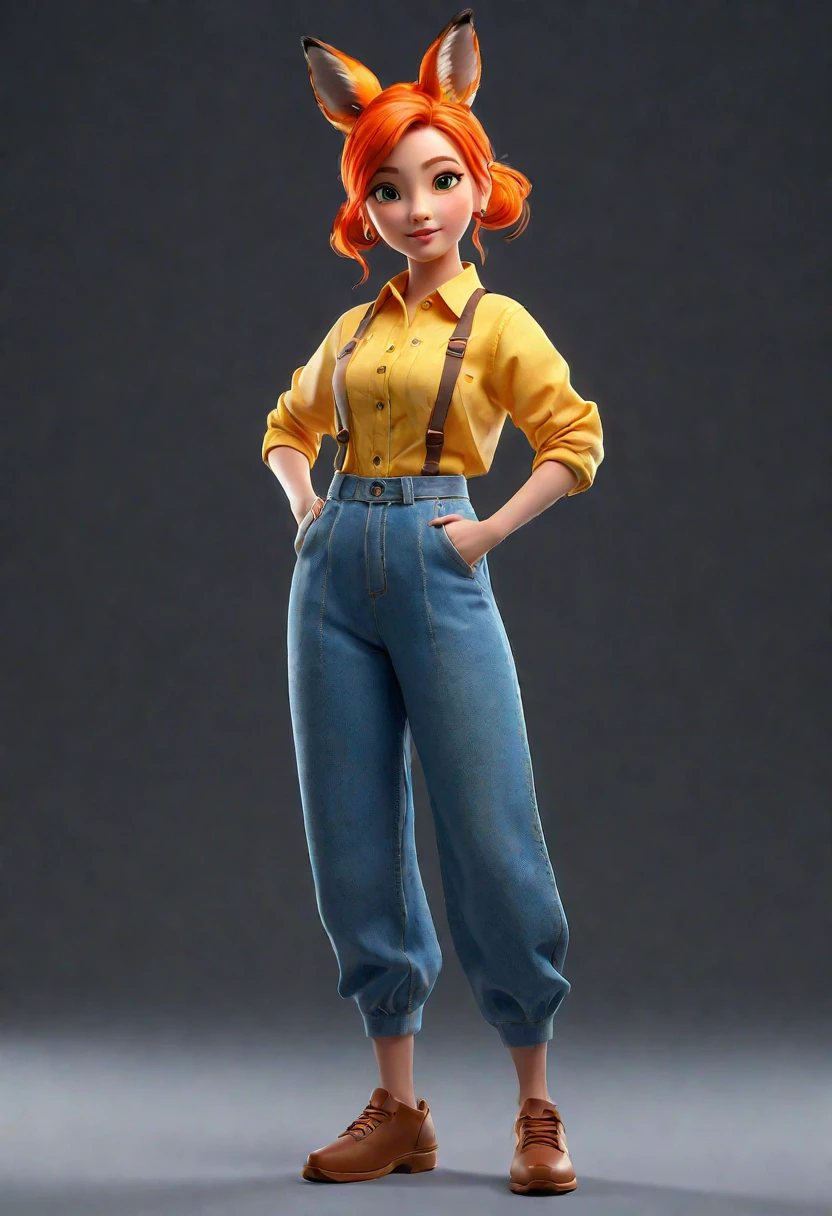 Big eyed fox, bright hair, bun hair, standing naturally, full front body, feet, wearing clothes, pants, advanced natural color scheme, bright light, ray tracing, Disney style, 3D modeling --ar 4:7 --stylize 750. 3D modeling, advanced color scheme, bright colors, character design, Disney style, full body portrait, v 6