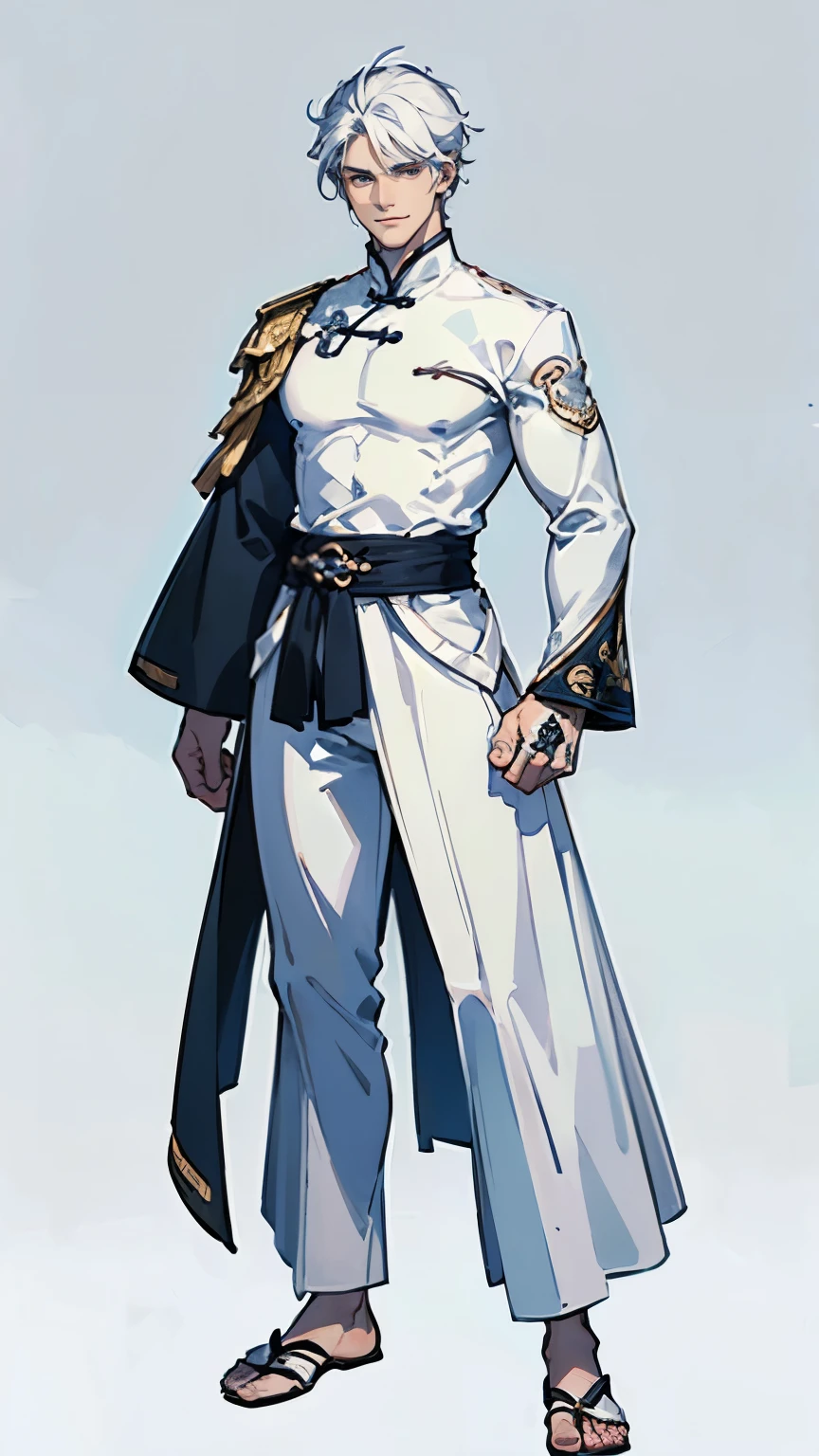 ((masterpiece,best quality,8k,highres)),((character concept art)), 1 male, adult man, warrior, 185 cm height, short hair (white hair colour), ultra finely detailed eyes (white eyes colour), extraordinary handsome, charming, smirk smile, perfect body shape ((muscular)), ((intricate detail)), super finely detailed hands, ultra finely detailed fingers(((ten fingers))), (chinese traditional outfit),(white colour outfit), (standing still), (full body showcase), (show full body), (no logos on background), (no logo), ((plain background)), ((empty hands)), ((plain background)), (((empty background)))