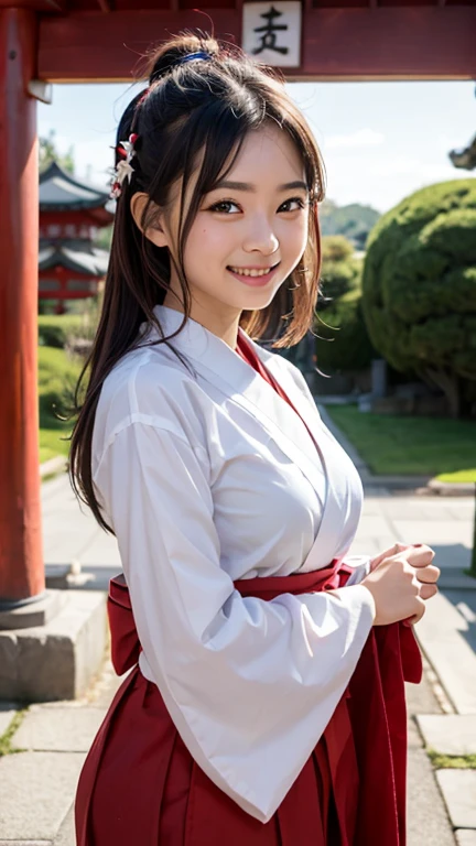 little young girl.................,, shrine、kimono、miko、Lori, , Sakimi-chan,, nice and cute, innocent smile, , nice smile, Sakimi-chan HDRI、????????????????、,(Big breasts that are about to burst:1.20),(beautiful big breasts 1:1)、brown hair、brown hairの髪、beautiful eyes、little girl with short bob