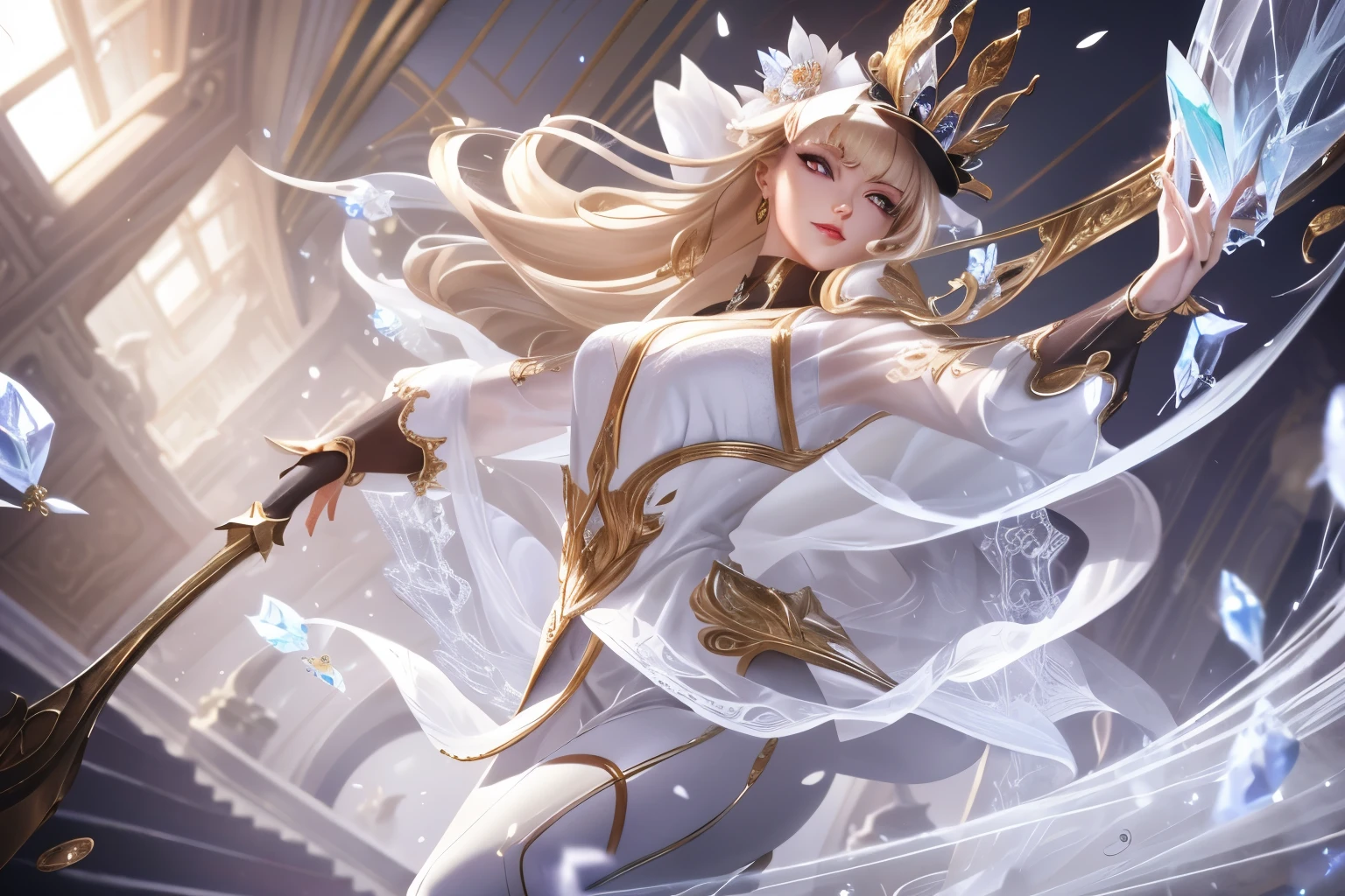 Dirt.,white shirt,(Spectral magic:1.2), League of Legends สแปลชอาร์ต, woman,Bangs,black pants,Red eyes,Blonde hair,(madness:1.2),crystal,mask,fight,front view,gold,fish,victorian hat,Europe,Middle Ages,marble pattern,white magic,joy,luxurious,diamond,flower,full figure,(white stone magic:1.2),mirror,mirrorเเตก,ผลึกcrystal,white coat,dynasty,gold lace pattern,water,เศษcrystalสีฟ้า,กลีบflower,Insects,(evelynn:1.2)