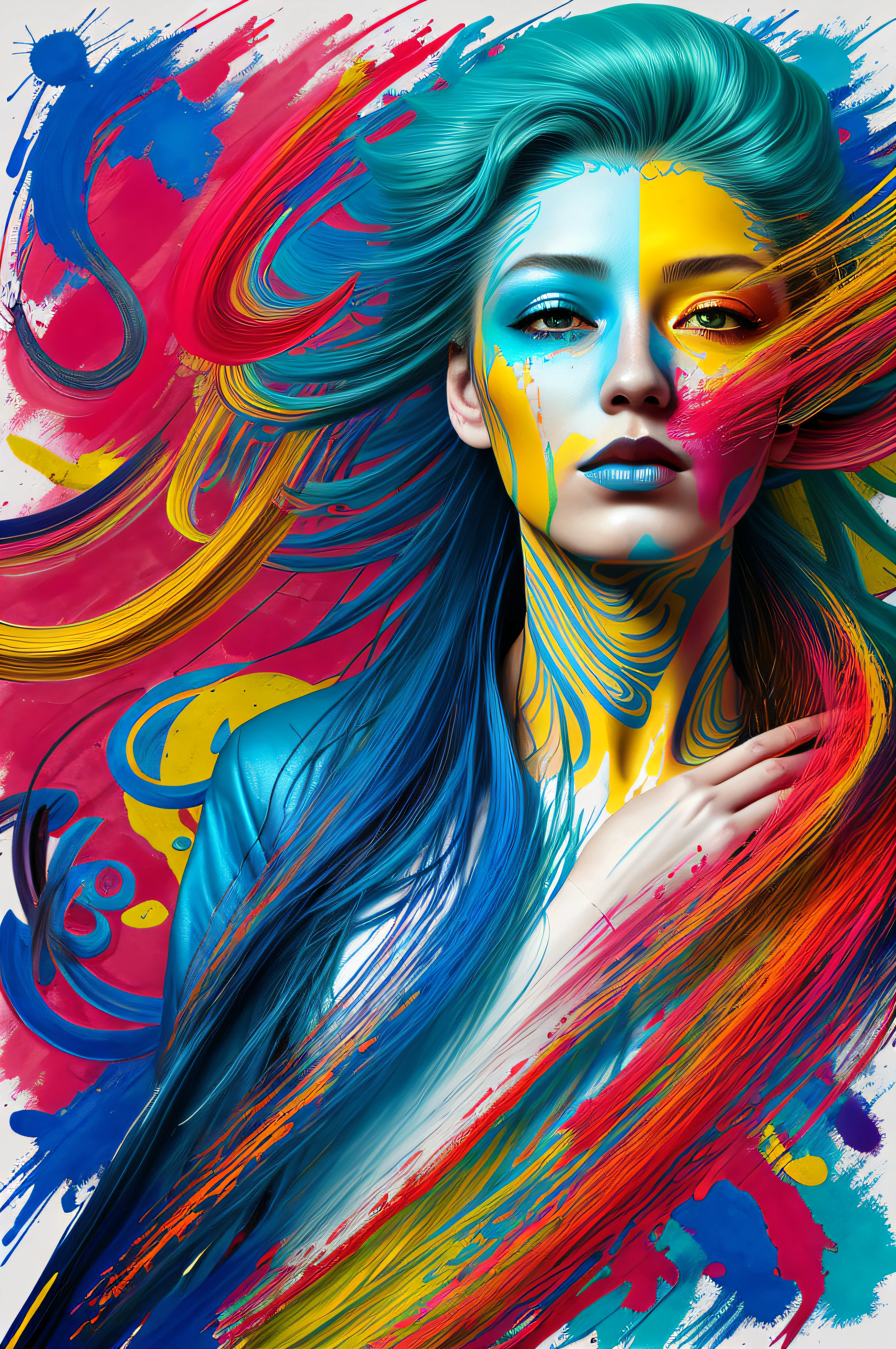 a woman with blue hair wearing a colorful outfit and a colorful background with paint splatters on it, by Hirohiko Araki,official art, unity 8k wallpaper, ultra detailed, beautiful and aesthetic, masterpiece, best quality, (zentangle, mandala, tangle, entangle), 1girl, extremely detailed, dynamic angle, cowboyshot, the most beautiful form of chaos, elegant, a brutalist designed, vivid colours, romanticism, by james jean, roby dwi antono, ross tran, francis bacon, michal mraz, adrian ghenie, petra cortright, gerhard richter, takato yamamoto, ashley wood, atmospheric, ecstasy of musical notes, streaming musical notes visible