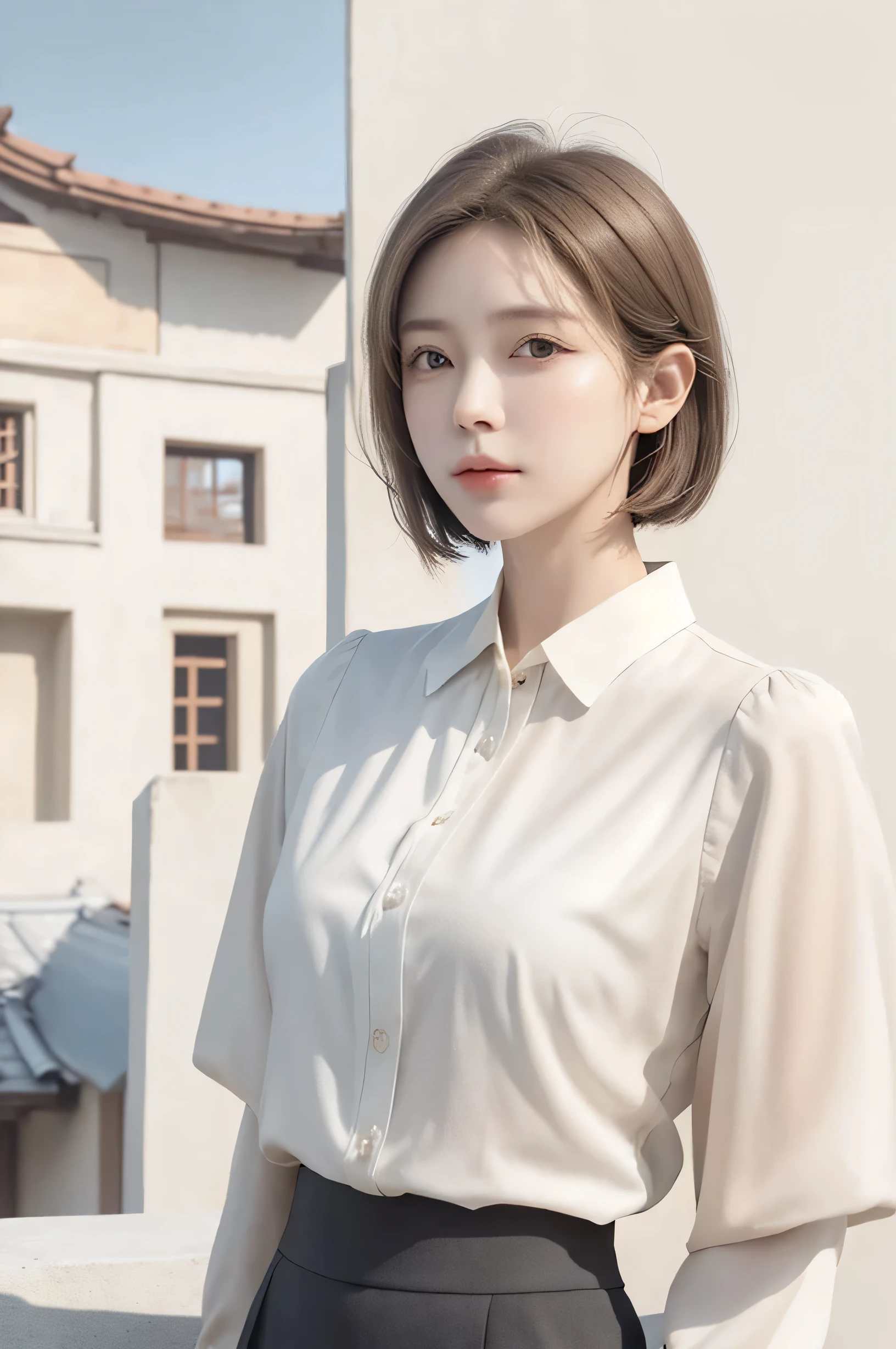 8k, Ultra-high resolution, Highest quality, masterpiece, 三分割法によるphotograph,Surreal, photograph, 1 Girl, (16 years old:1.3), pretty girl, Cute Face, Beautiful eyes in every detail, 細かくdetailedに,masterpiece,One Girl:1.2,Japanese female officer,full body,Serious expression,Black short hair,Bob with bangs,Pencil Skirt,Military clothing,SS uniforms,HUGO BOSS,Sharp contours,Looking down,Gray background, Light from above, Low contrast, (Side view),Perfect and beautiful face ,完璧でCute Face, Skin with attention to detail, Perfect limbs、Narrow waist,Looking at the audience,(((Ideal body type))),A cup small breasts :2,Portraiture:2,Perfect Anatomy,鮮明なdetailed,detailed,Surreal,Light and shadow,glowing