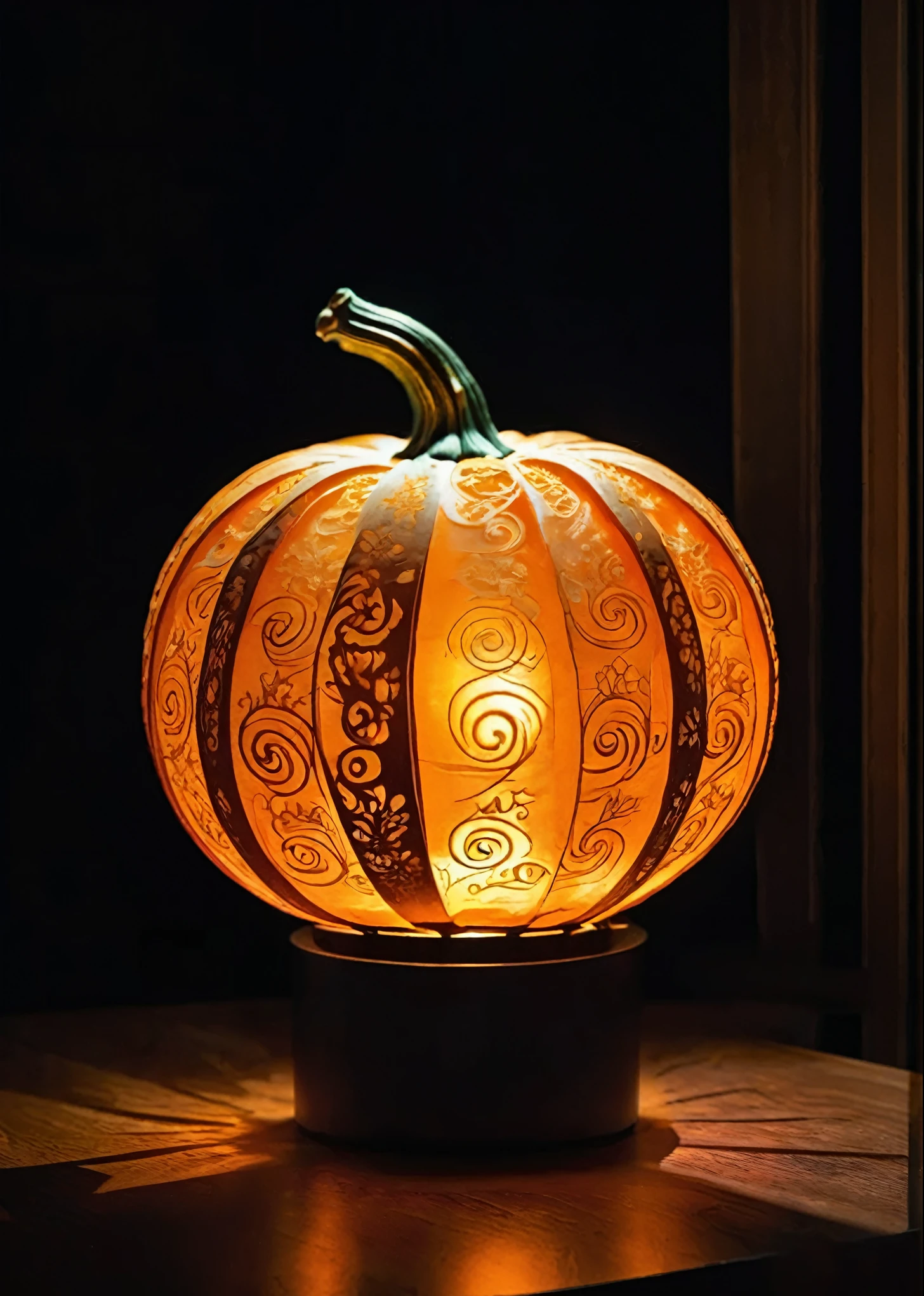 there is a lighted pumpkin sitting on a table in the dark, gourd, pumpkin, rim light style tim burton, jack - o'- lantern, made of glowing wax and ceramic, intricate illuminated lines, an intricate, 3 4 5 3 1, surprising, amazing!, orange lamp, pumpkins, october, fall, lantern, she is a gourd, detailed light