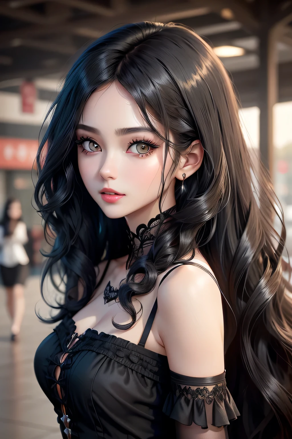 There is a woman, Position from the front, Please look forward without tilting your head, Looking forward, Has long black hair、Wearing a black dress, detailed long black hair, hair texture, Curly black hair, Long black curly hair, long curly black hair, long curly black hair, Long black curly hair, Dynamic wavy hair, black curly hair, Swirling black hair, Wavy black hair, Wavy black hair,  Wavy black hair, detailed hairs, Curly black hair, Realistic hair, Complex long curly hair, With a cute face, Cute, Cute Girl、(((A detailed eye)))、(((beautidful eyes)))、green colored eyeakeup、red-lips、Red Eyeliner、long snout、long chin