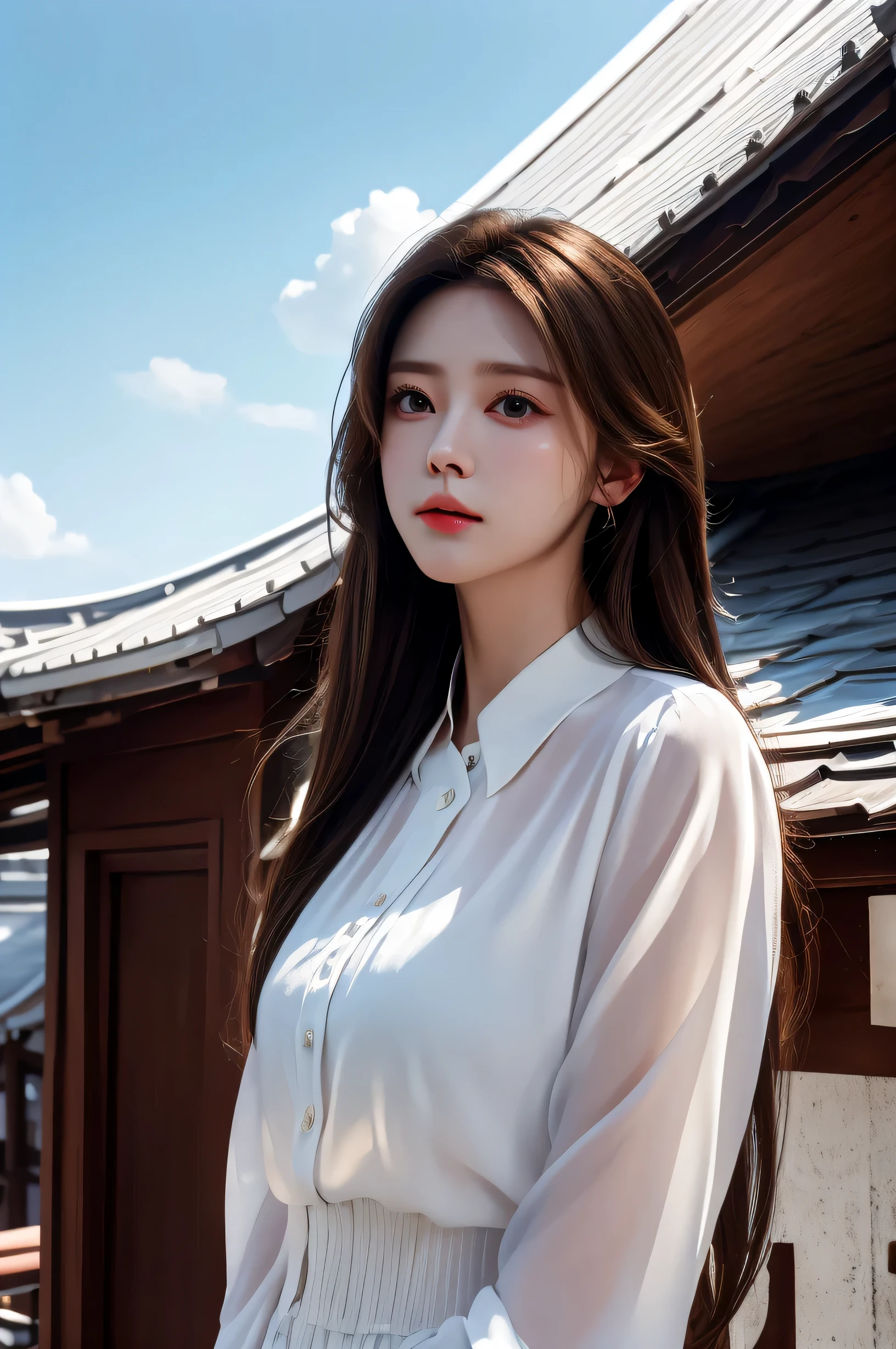 need,masterpiece,light brown hair,outdoor,Blue sky,roof of the building,8K,white blouse,