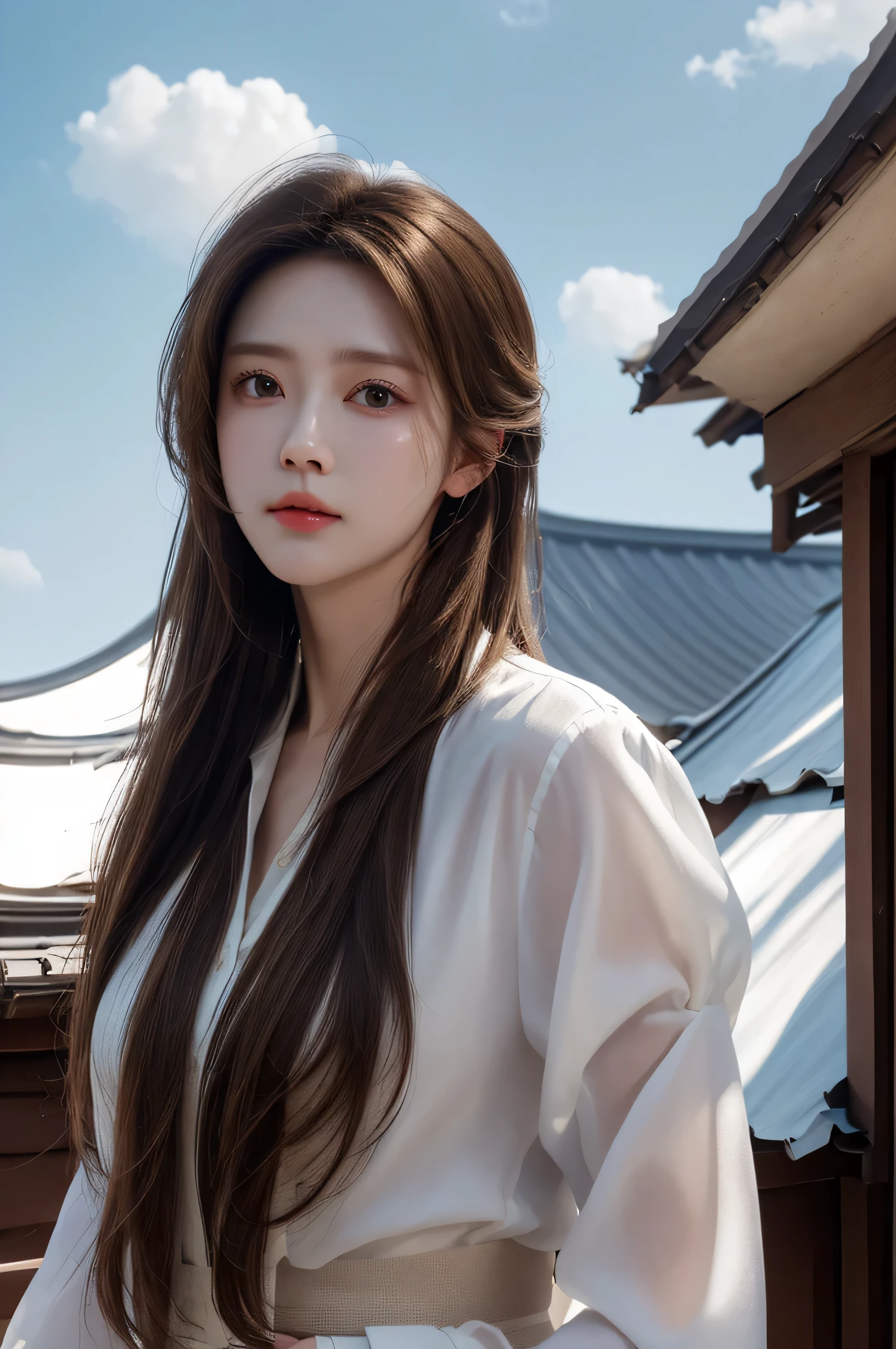 need,masterpiece,light brown hair,outdoor,Blue sky,roof of the building,8K,white blouse,