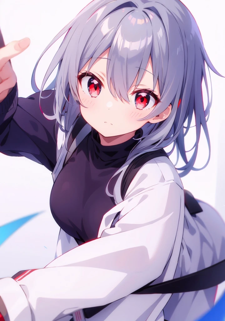 Cute anime girl with gray hair and red eyes 