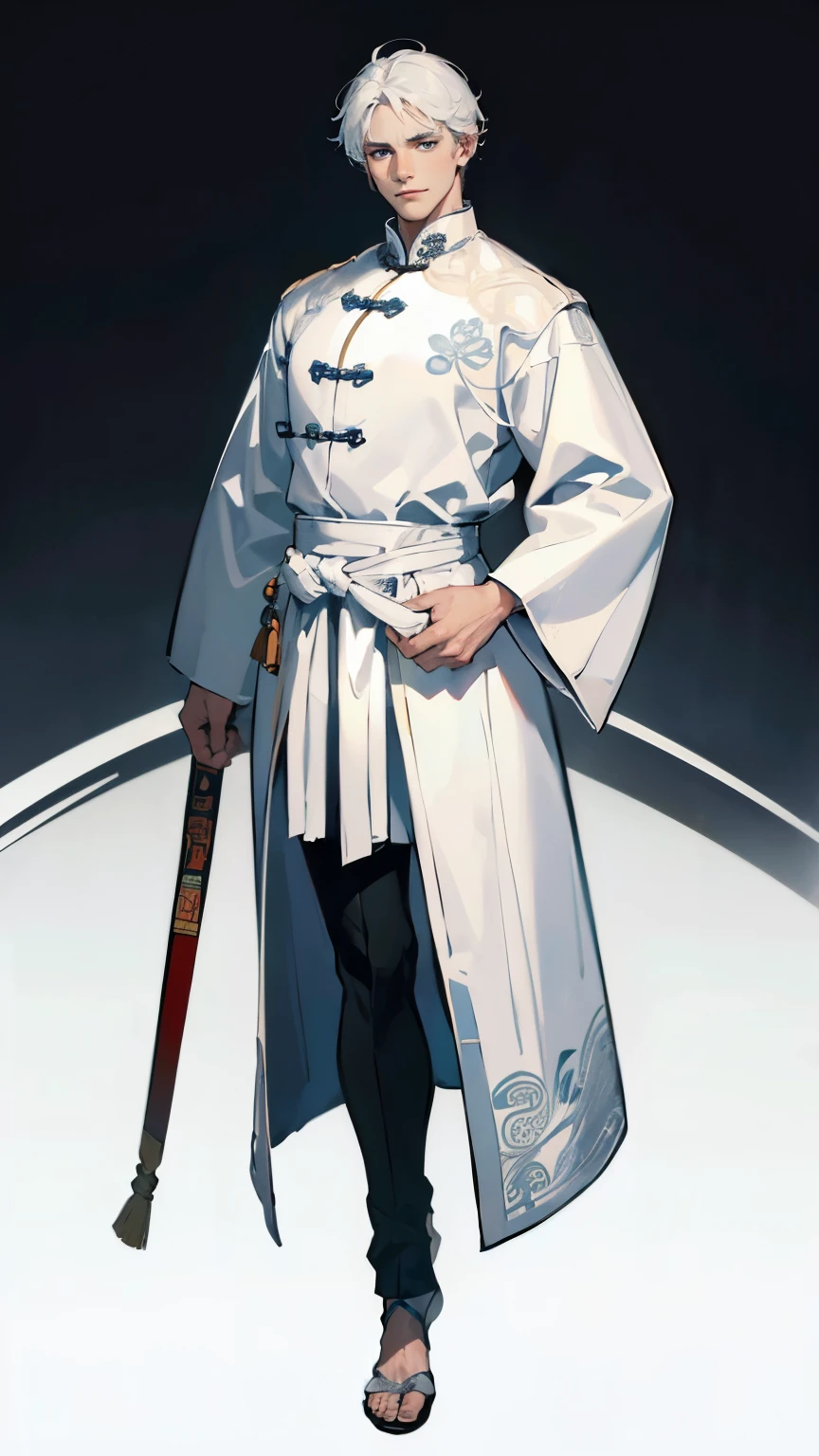 ((masterpiece,best quality,8k,highres)),((character concept art)), 1 male, adult man, warrior, 185 cm height, short hair (white hair colour), ultra finely detailed eyes (white eyes colour), extraordinary handsome, charming, smirk smile, perfect body shape ((muscular)), ((intricate detail)), super finely detailed hands, ultra finely detailed fingers(((ten fingers))), (chinese traditional outfit),(white colour outfit), (standing still), (full body showcase), (show full body), (no logos on background), (no logo), ((plain background)), ((empty hands)), ((plain background)), (((empty background)))