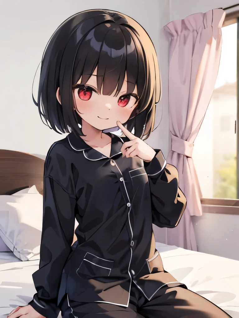 masterpiece, highest quality, girl, alone,  pajamas,on the bed,red eyes,smile, blush,black hair bob,sexy face,Cheeky smirk,mischief,spring,flower,Does not show fingertips,hide your hands,holiday