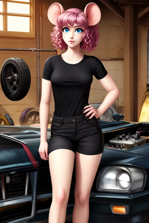 This quiet 16-year-old mouse girl has ice blue eyes, a pale complexion, and curly dark pink hair left uncut. She is tall, quite muscular, and wears a lot of black. She tends to gossip too much and wants to be a mechanic, ((best quality)), ((masterpiece)), (detailed), medium breasts, black t-shirt, black shorts