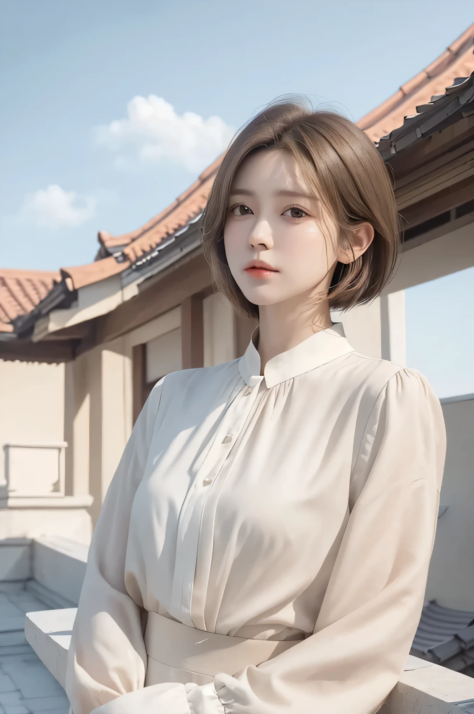 ,need,masterpiece,light brown hair,short hair,outdoor,Blue sky,roof of the building,8K,white blouse,