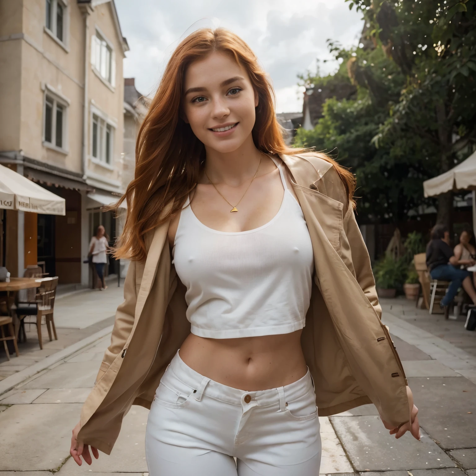 (Best quality, Ultra-detailed: 1.1), Portrait of a charming 25-year-old American girl, Orange hair, Sun-kissed skin with hunter eyes, Cute expression, Unique details, Full face view, (High definition: 1.2), (Photorealistic: 1.5), Orange hair cascading down her shoulders, Sun-kissed skin with a hint of freckles, Hunter eyes radiating depth and intrigue, background market (Sharp focus on details: 1.3), High contrast lighting, Bringing out the natural colors of her hair and skin, full body show, body in shape , looks so happy , no makeup , attractive , cloudy weather , brown jacket , white shirt , classic pants , full shot , laugh , sexy pose , gold neckless , front view , night , people around , ass view