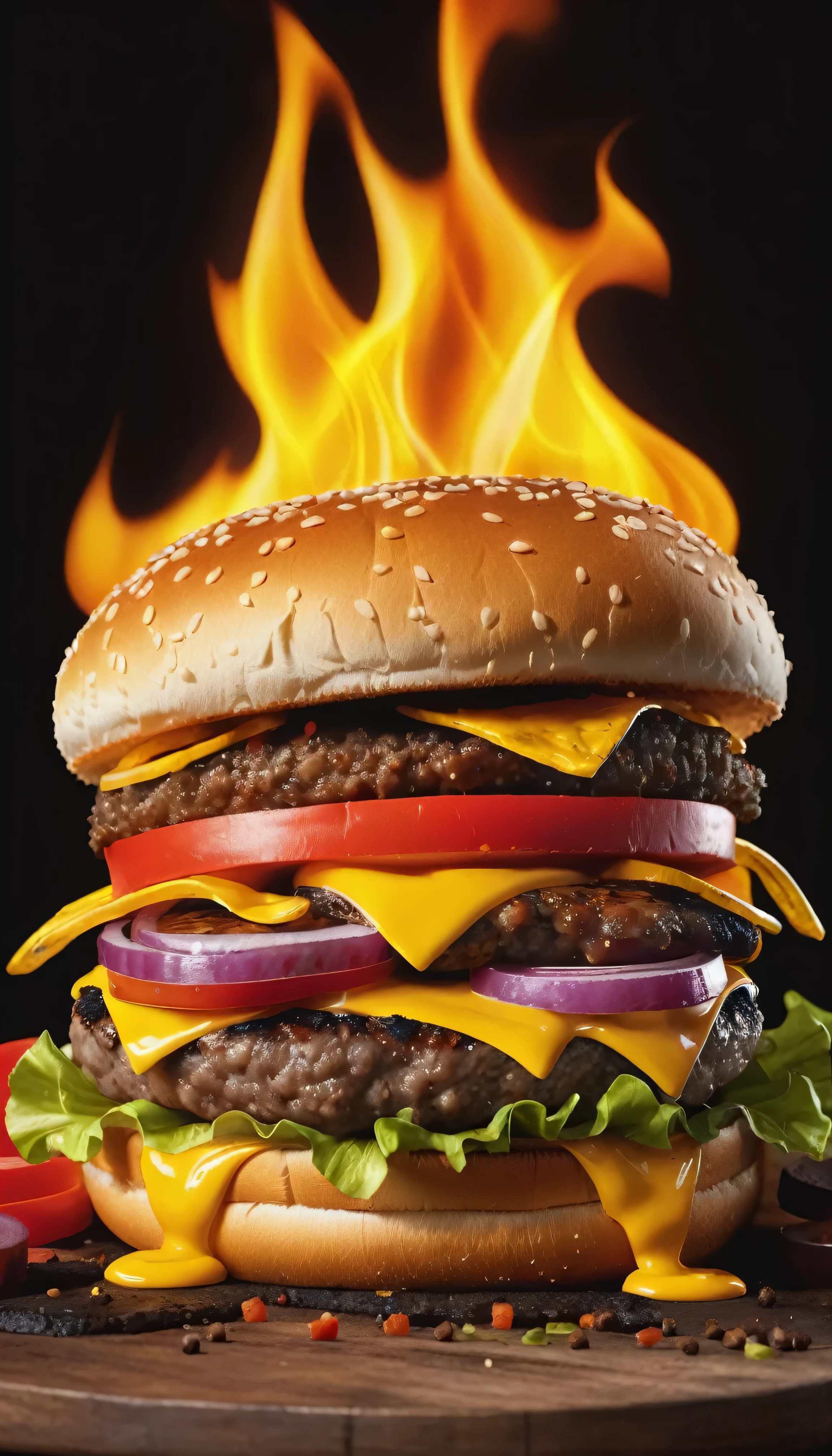 super realistic hot colors humburger with ember fire and barbecue dark image with ingredients