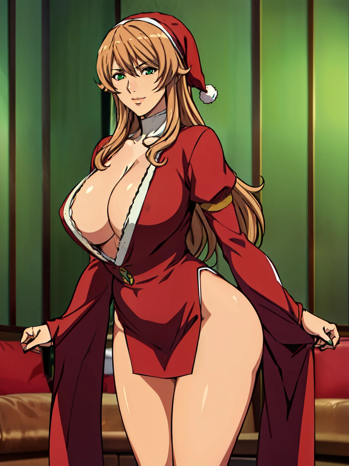 red santa claus dress, red santa claus hat, christmas tree, (luxury livingroom background), Sigui, mature woman, anime cels style, best quality, high resolution, 1girl, (huge breasts:1.2), beautiful face, Beautiful Finger, Beautiful long legs, Beautiful body, Beautiful Nose,Beautiful character design, long hair, brown hair, Bangs, green eyes, (cowboy shot), smiling, looking at viewer, beautiful vagina, beautiful breasts, beautiful nipple