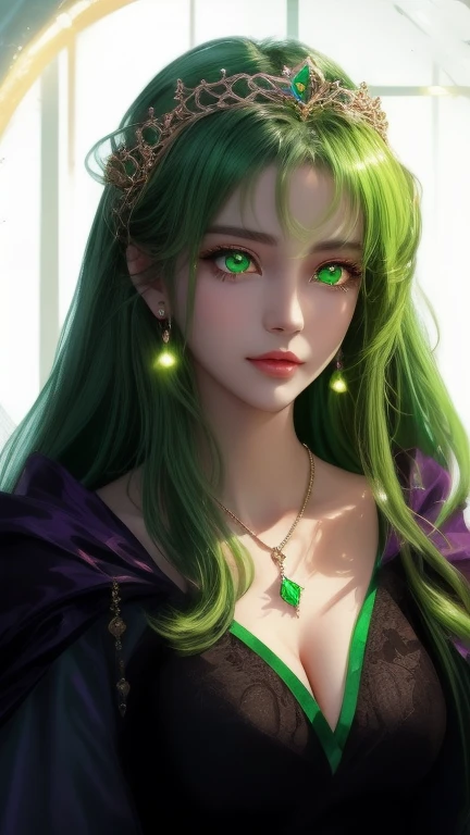a close up of a woman with green eyes wearing a necklace, ((a beautiful fantasy empress)), with stunning green eyes, with long hair and piercing eyes, green glowing eyes, glowing green eyes, a beautiful fantasy empress, with glowing eyes, with green eyes, beautiful anime woman, emerald eyes, portrait knights of zodiac girl, with glowing yellow eyes